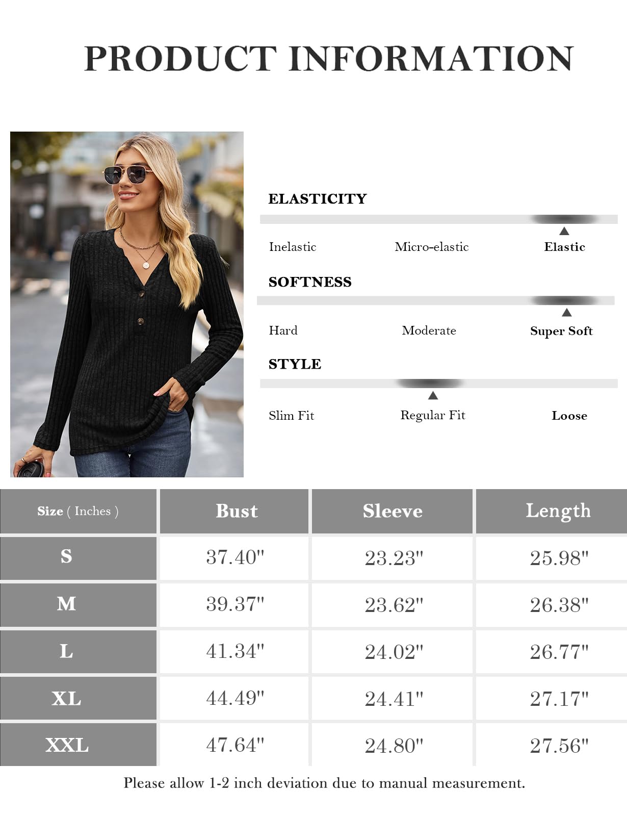 Women's V Neck Knit Tunic with Buttons - Casual Long Sleeve Top for Work & Outings