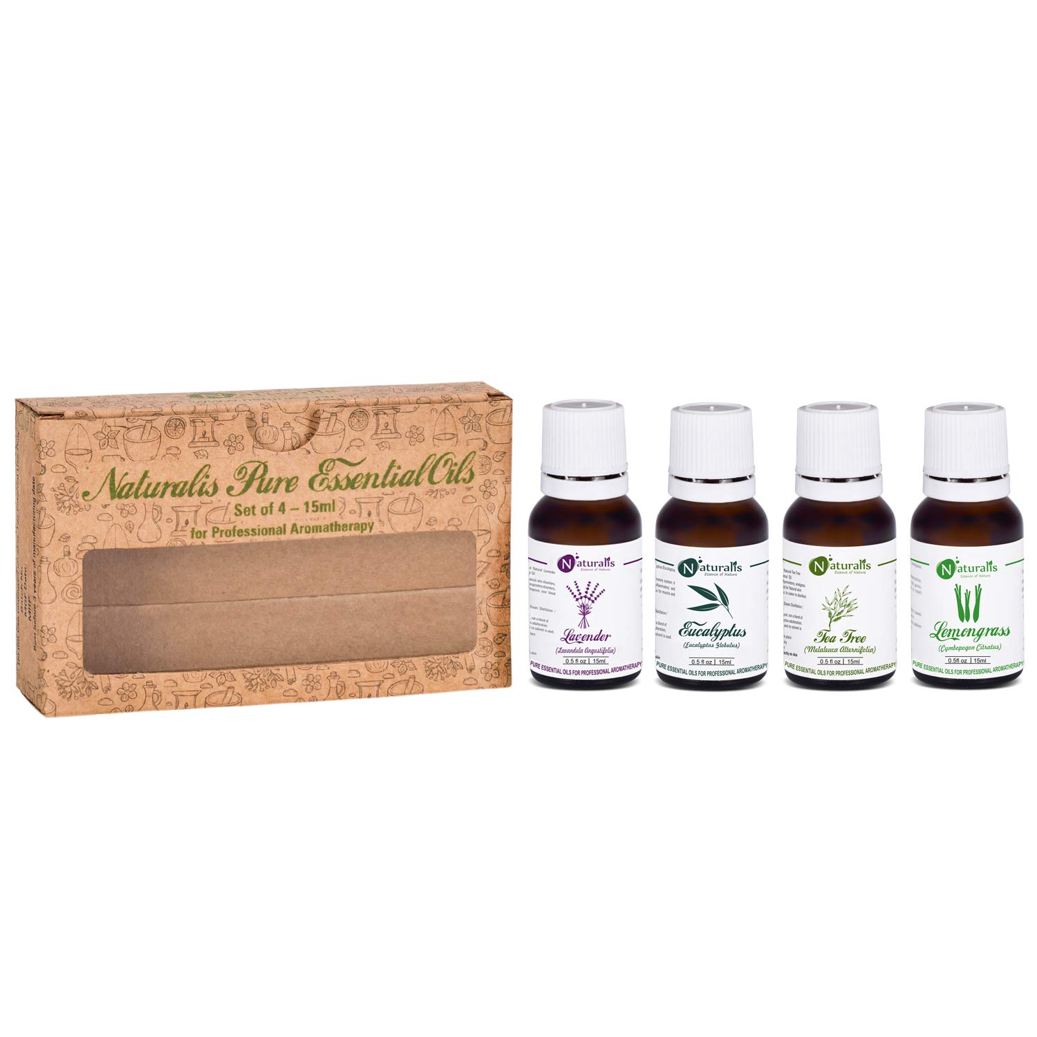 Naturalis 15ml Essential Oil Gift Set - 4 Pack Multipurpose Aromatherapy Oils (Lavender, Eucalyptus, Tea Tree, Lemongrass) for Diffusers, Massage & Relaxation