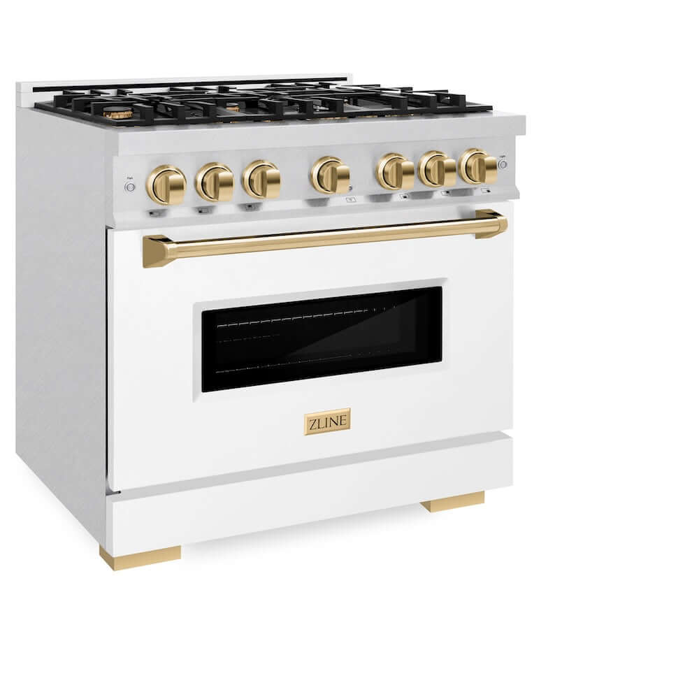 ZLINE Autograph Edition 36 Inch 5.2 Cu Ft Classic Gas Range - 6 Burner Cooktop & Convection Gas Oven - Satin Stainless Steel with White Matte Door & Polished Gold Accents (CGRSZ WM 36 G) - Perfect for Modern Kitchens & Professional Cooking