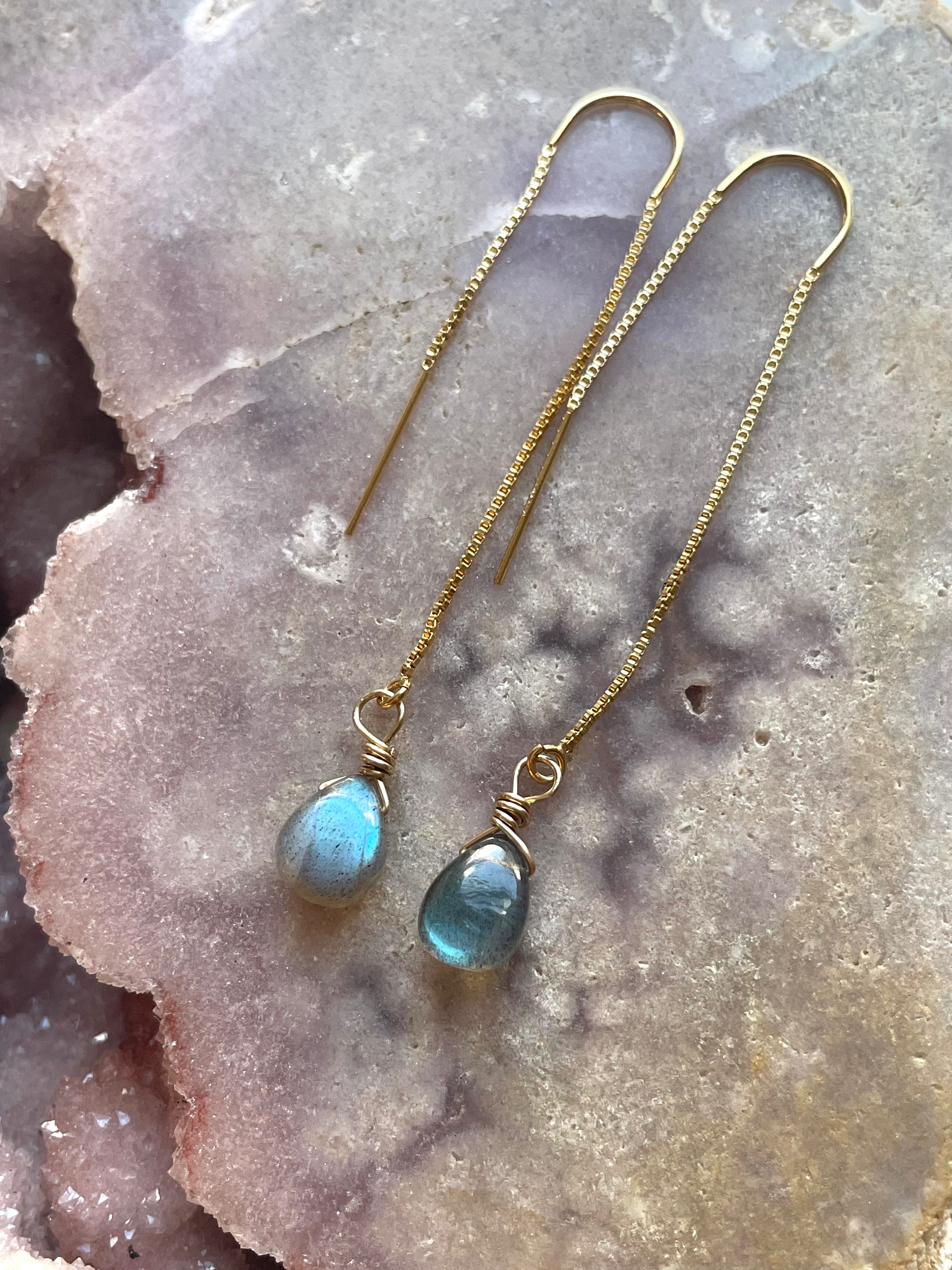 Tiny Labradorite Drop Threader Earrings - Dainty Gemstone Studs for Women | Perfect for Everyday Wear, Gifts & Boho Jewelry