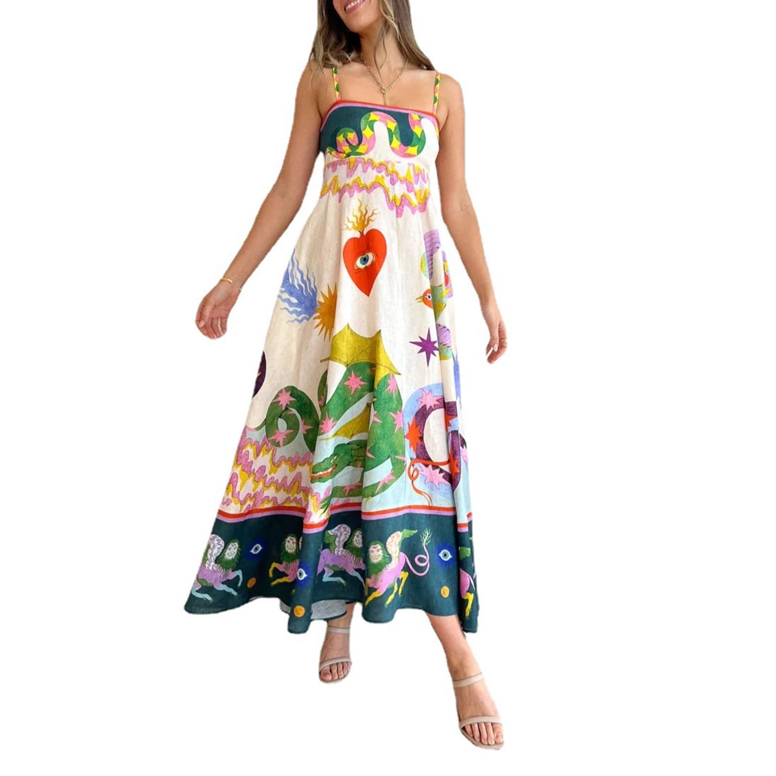 Yuemengxuan Women's Boho Floral Print Spaghetti Strap Maxi Dress - Sleeveless A-Line Summer Long Dress for Party, Cocktail & Streetwear | Perfect for Beach Vacations, Date Nights & Music Festivals