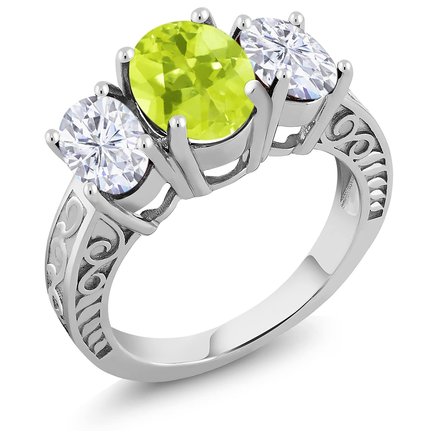 925 Sterling Silver 3-Stone Ring with Oval Yellow Lemon Quartz & Moissanite (3.45 Cttw) - Elegant Jewelry for Women, Perfect for Engagement, Wedding & Anniversary Gifts