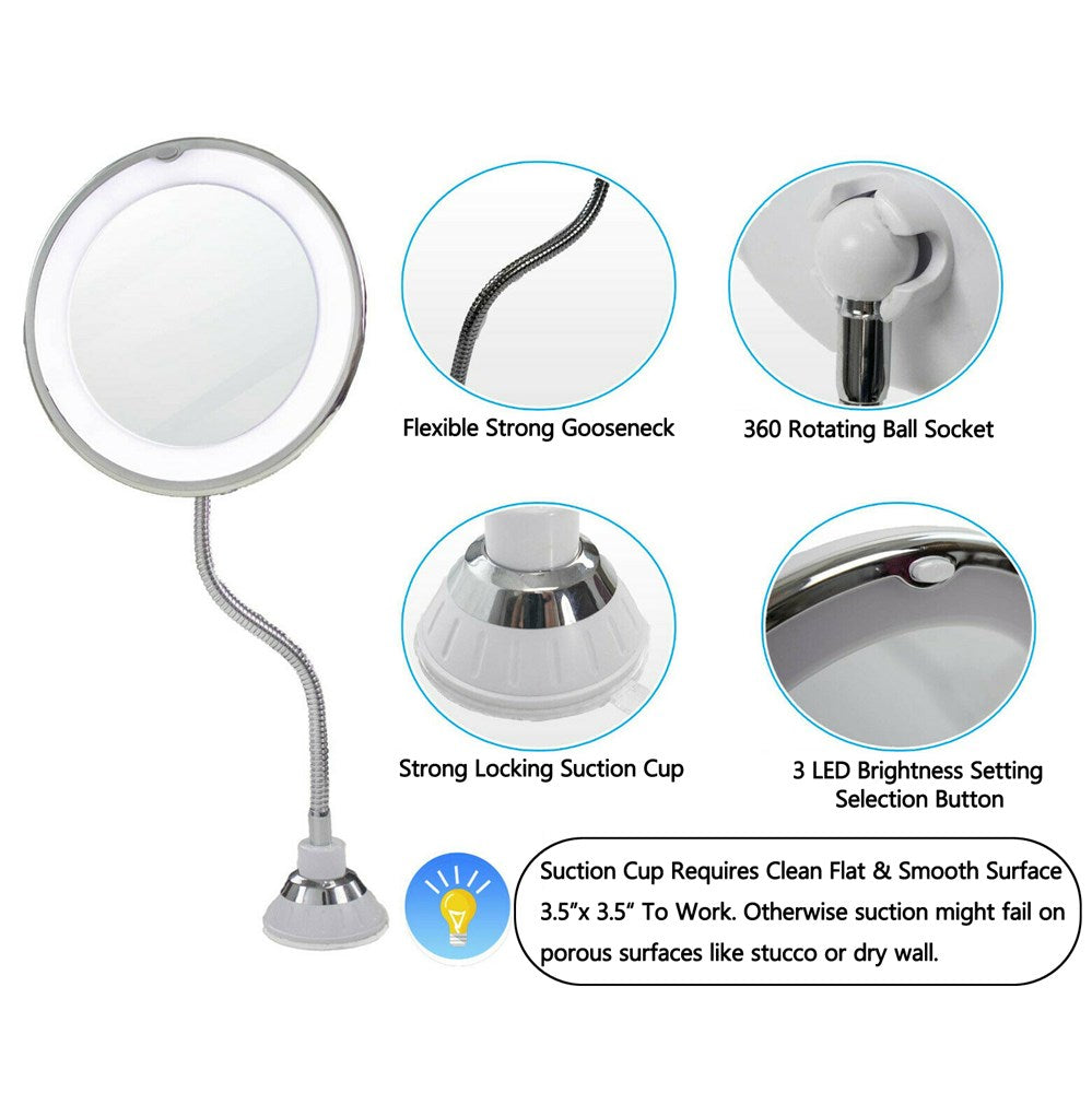 10X Magnification Flexible Gooseneck LED Makeup Mirror with Suction Cup - Perfect for Bathroom Vanity, Dressing Table & Travel Cosmetics Application