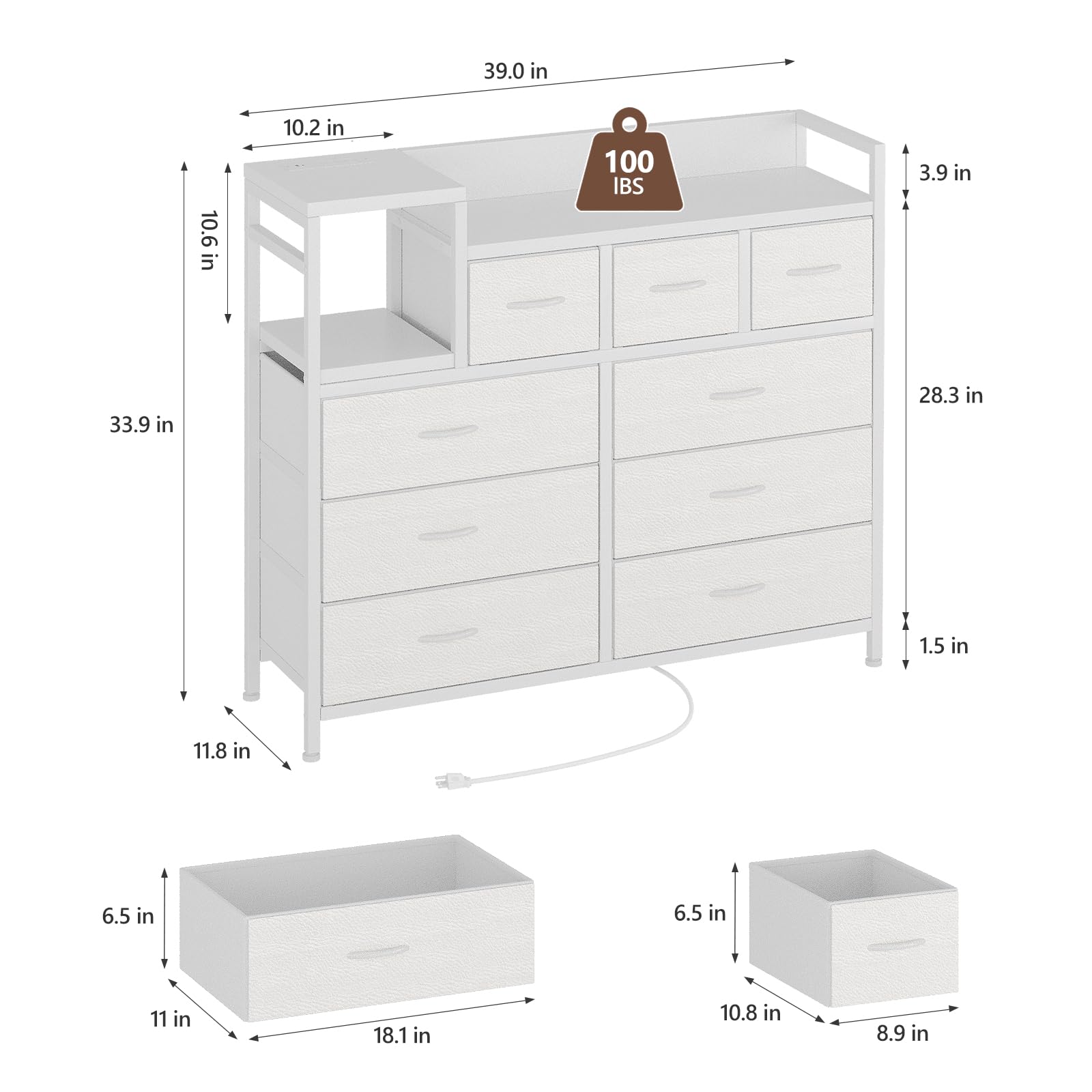 Jojoka White TV Stand with 9 Drawers & Built-in Charging Station - Modern Entertainment Center for Living Room, Bedroom & Home Office - Perfect for Organizing Electronics, Media & Storage Needs