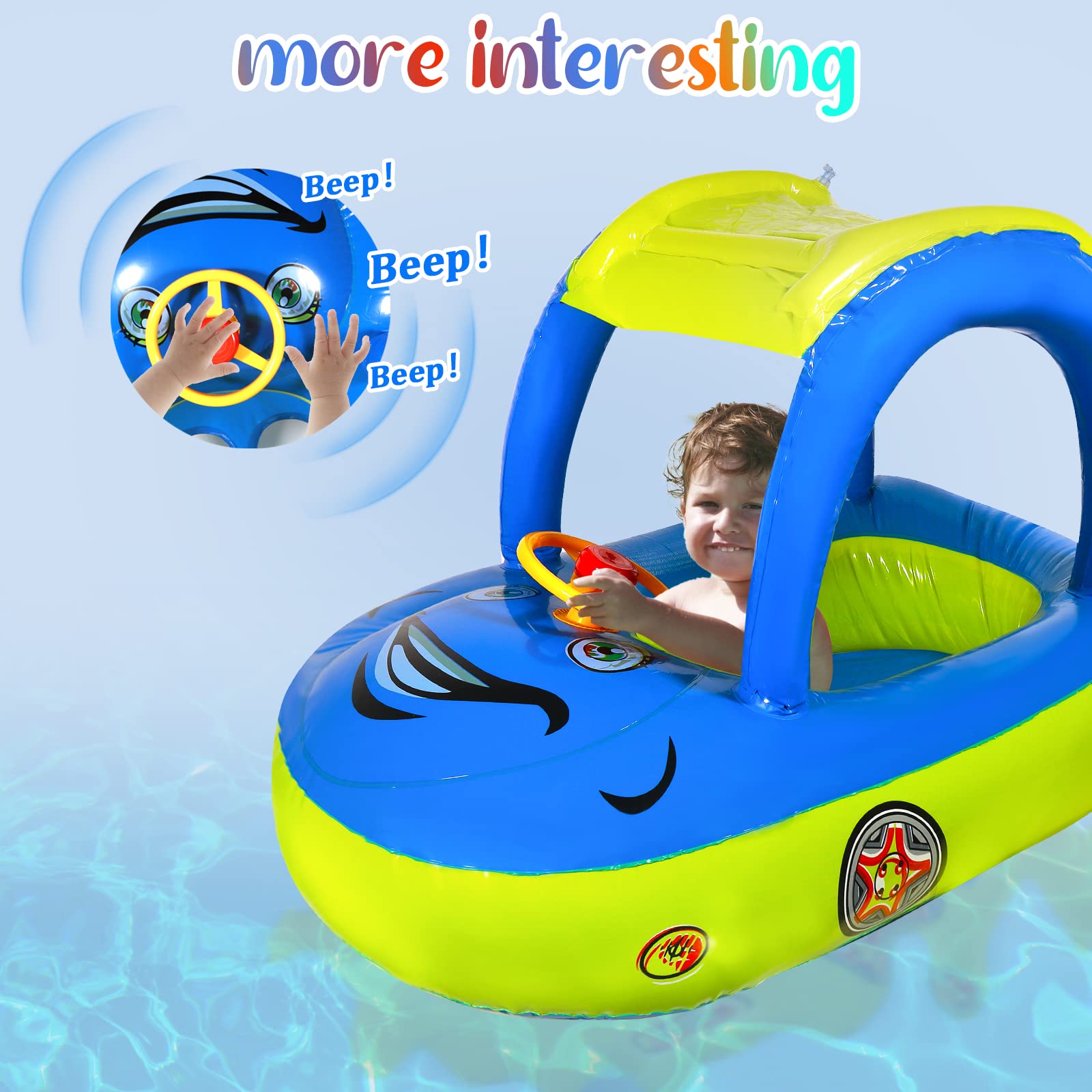 Baby Pool Float with UPF 50+ Canopy - Car Shaped Toddler Swim Float Boat, Infant Swim Ring for Summer Pool & Beach Play, Outdoor Water Fun for Kids