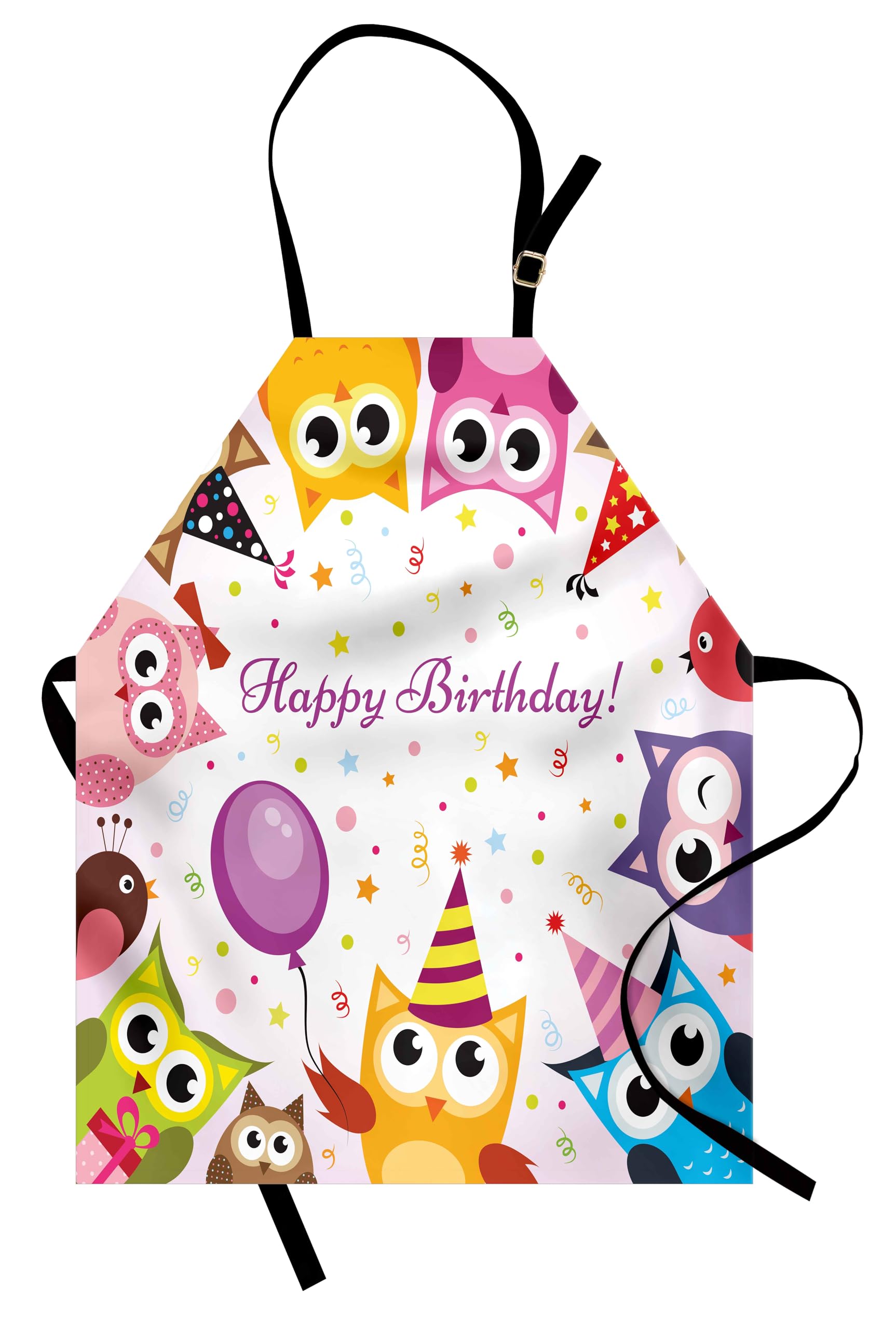 Ambesonne Birthday Party Apron - Colorful Owl Family Design with Cone Hats, Adjustable Ties for Baking, Painting & Cooking - Perfect for Birthday Celebrations, Kitchen Activities & DIY Crafts