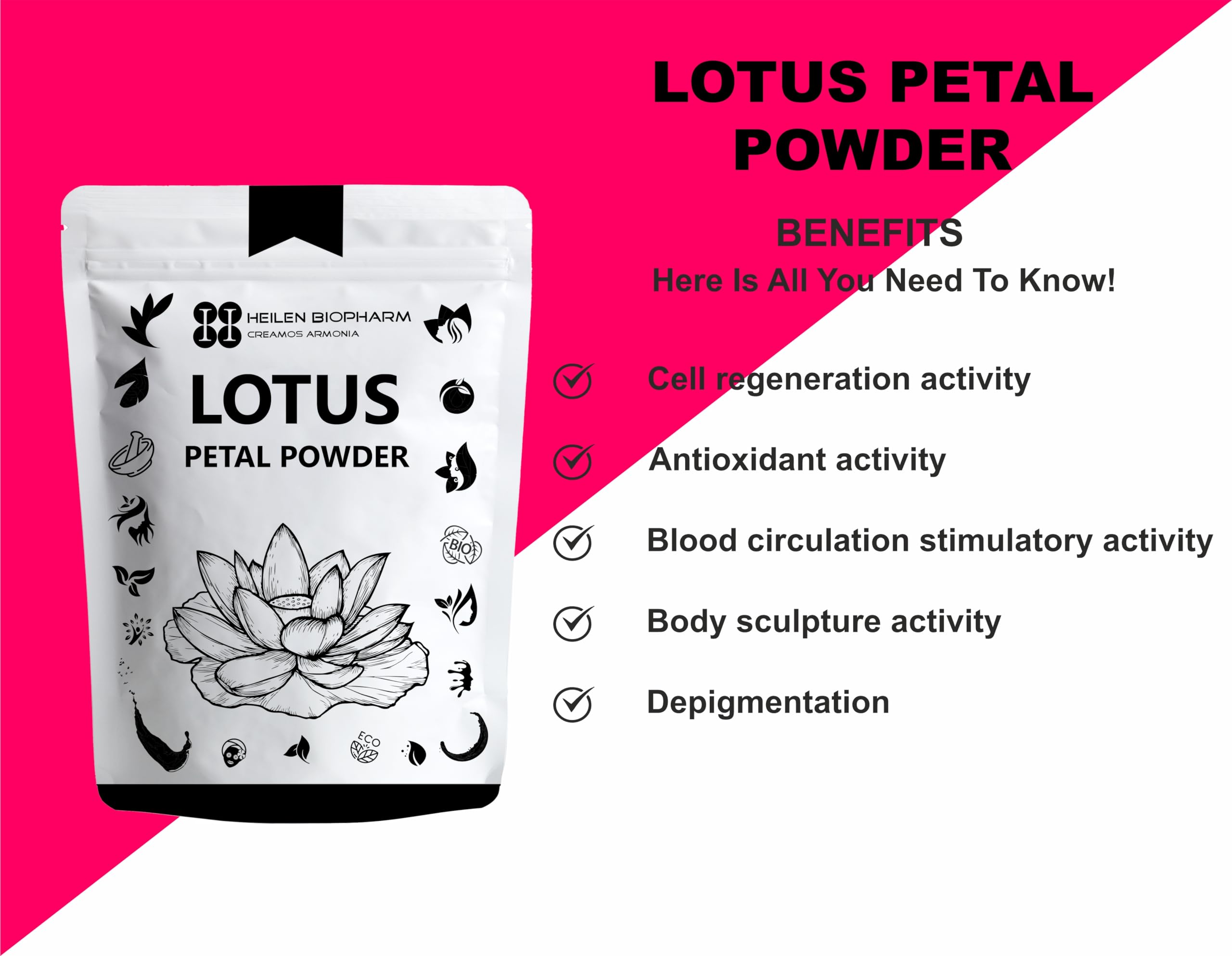 Heilen Biopharm Lotus Petal Powder for Face Mask - 100g Natural Skincare Treatment for Glowing Skin | DIY Facial Pack for Brightening & Anti-Aging | Perfect for Spa Day & At-Home Beauty Routine