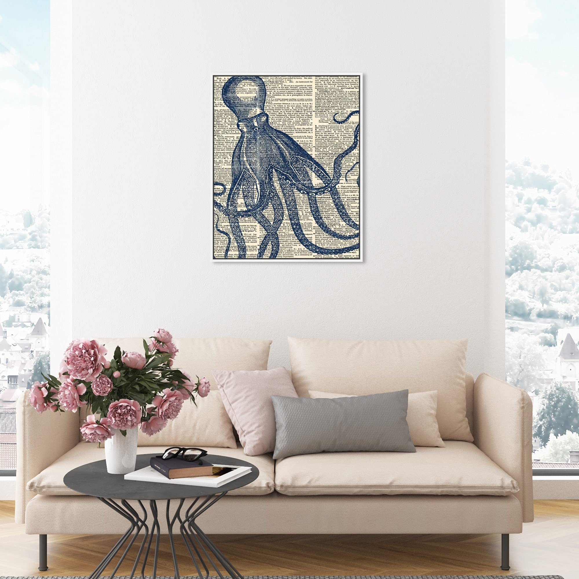 Nautical & Coastal Wall Art Canvas Print - Marine Life Octopus Dictionary Home Decor - 20x24 Inches White Floating Frame - Perfect for Beach House, Living Room & Office Decor