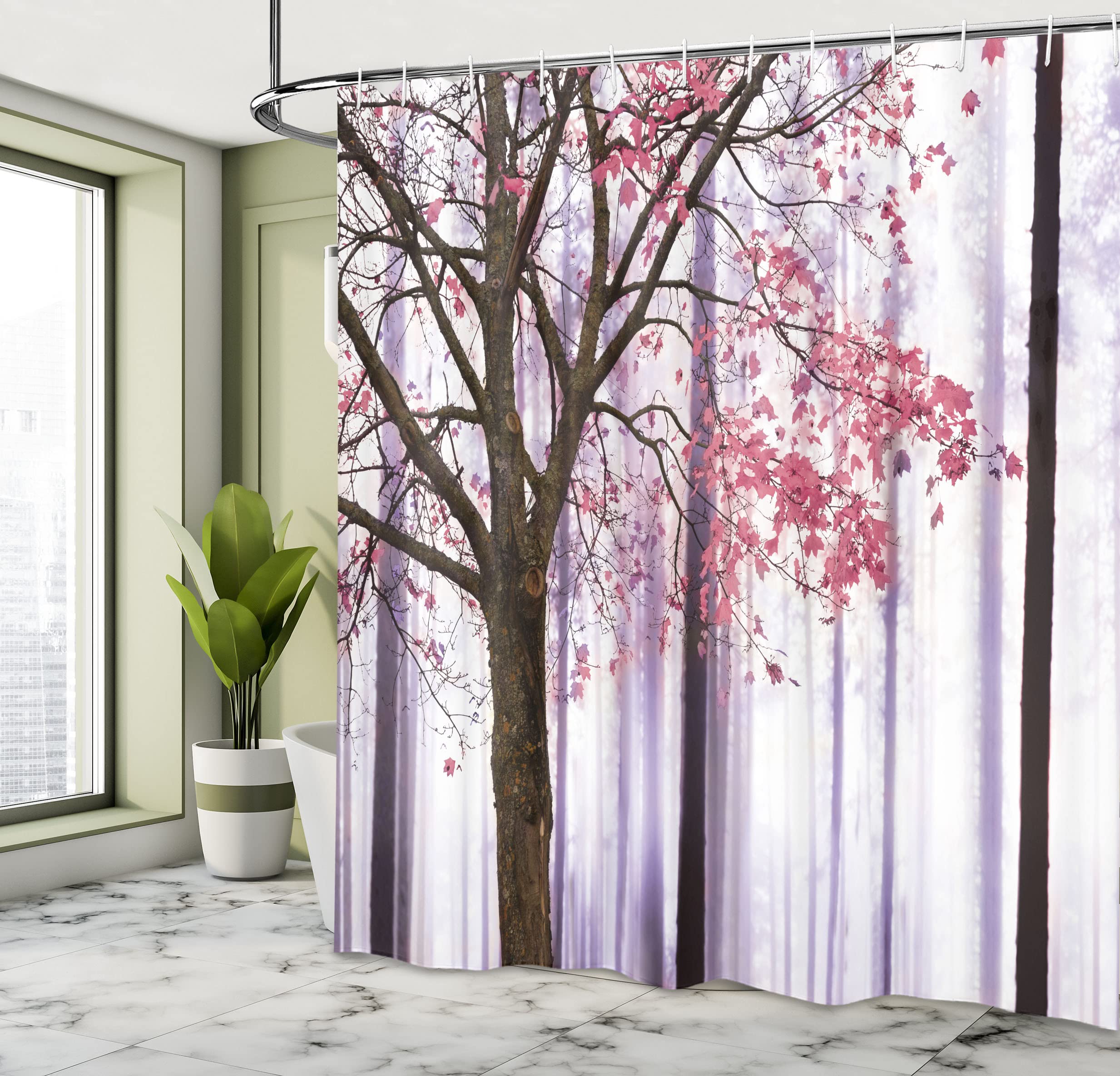 Ambesonne Autumn Shower Curtain - Lonely Tree Leaves Abstract Woodland Print, 69x84 Inch Waterproof Fabric Bathroom Decor with Hooks, Lilac Pink | Perfect for Fall Bathroom Makeover, Seasonal Home Decor & Cozy Autumn Atmosphere