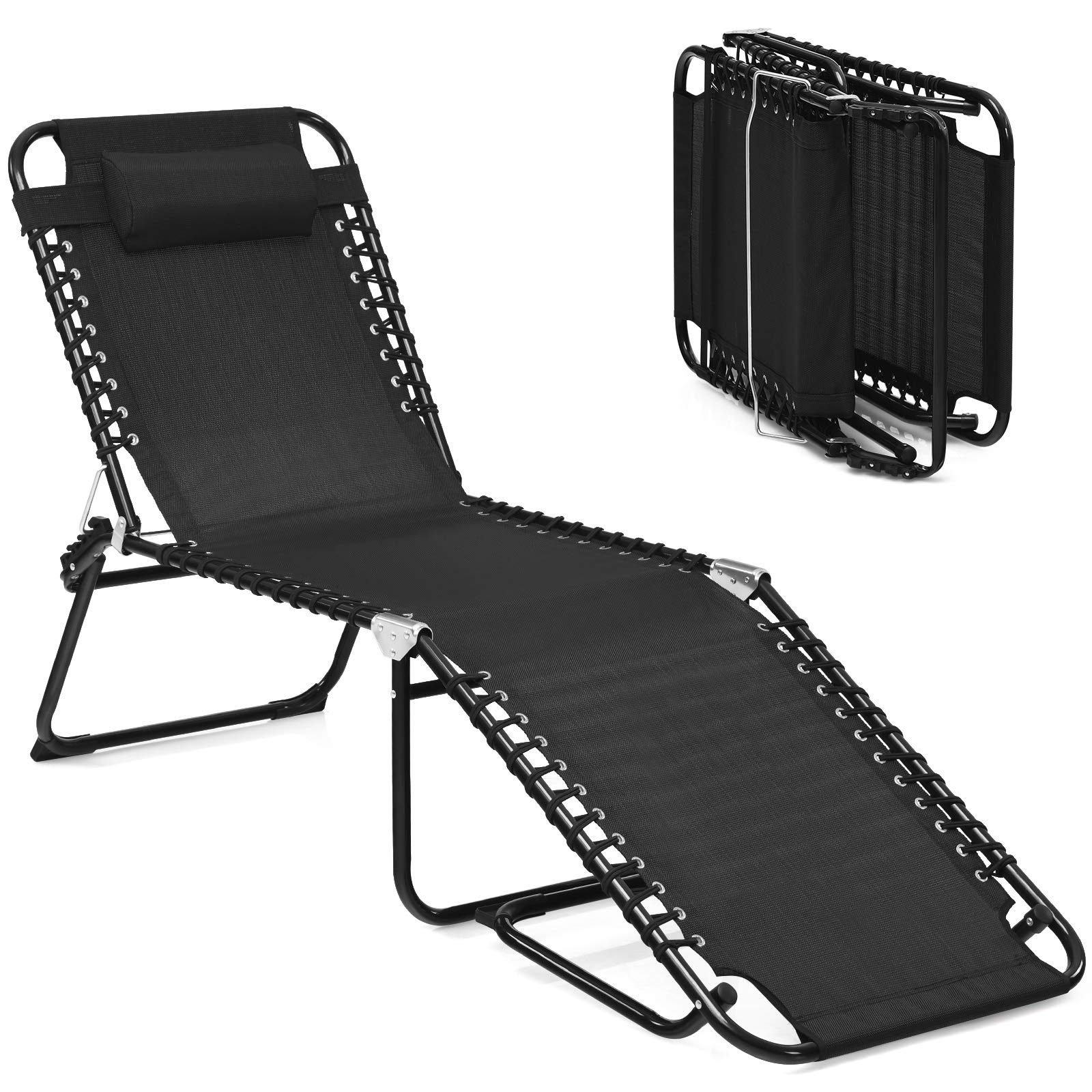 GYMAX Folding Tanning Chair with Adjustable Backrest & Removable Pillow - Extra High Lounge Chair for Sunbathing, Detachable Side Pocket, Indoor Outdoor Beach Chaise Lounger (Black) - Perfect for Poolside Relaxation, Backyard Sunbathing & Beach Vacations