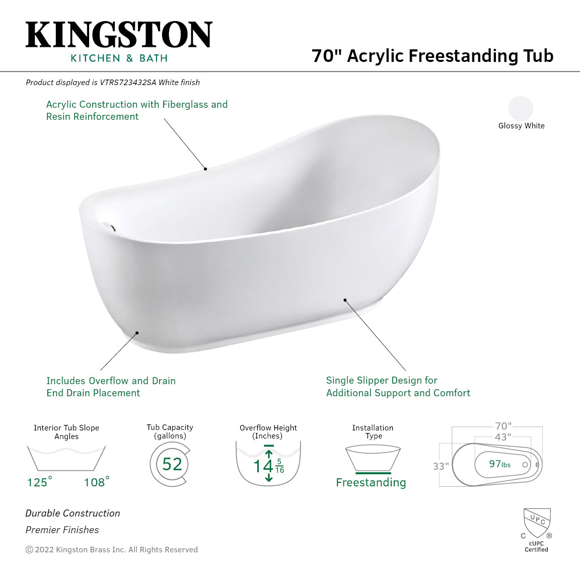 Aqua Eden 70 Inch Acrylic Oval Freestanding Bathtub - Glossy White Single Slipper Soaking Tub with Drain | Perfect for Luxury Bathrooms & Spa Retreats