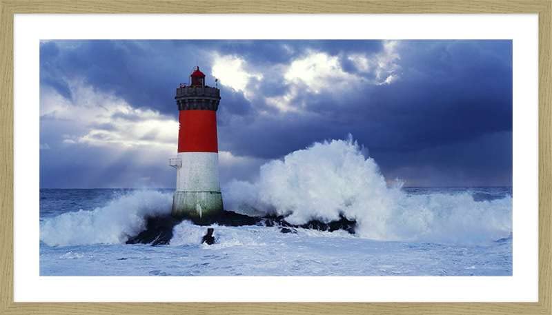 ART PRINT CAFE' – Framed Lighthouse Painting by Jean Guichard, Pierres-noires Lighthouse During Storm – Oak Wood Frame Wall Art – Perfect for Living Room, Bedroom or Office Decor