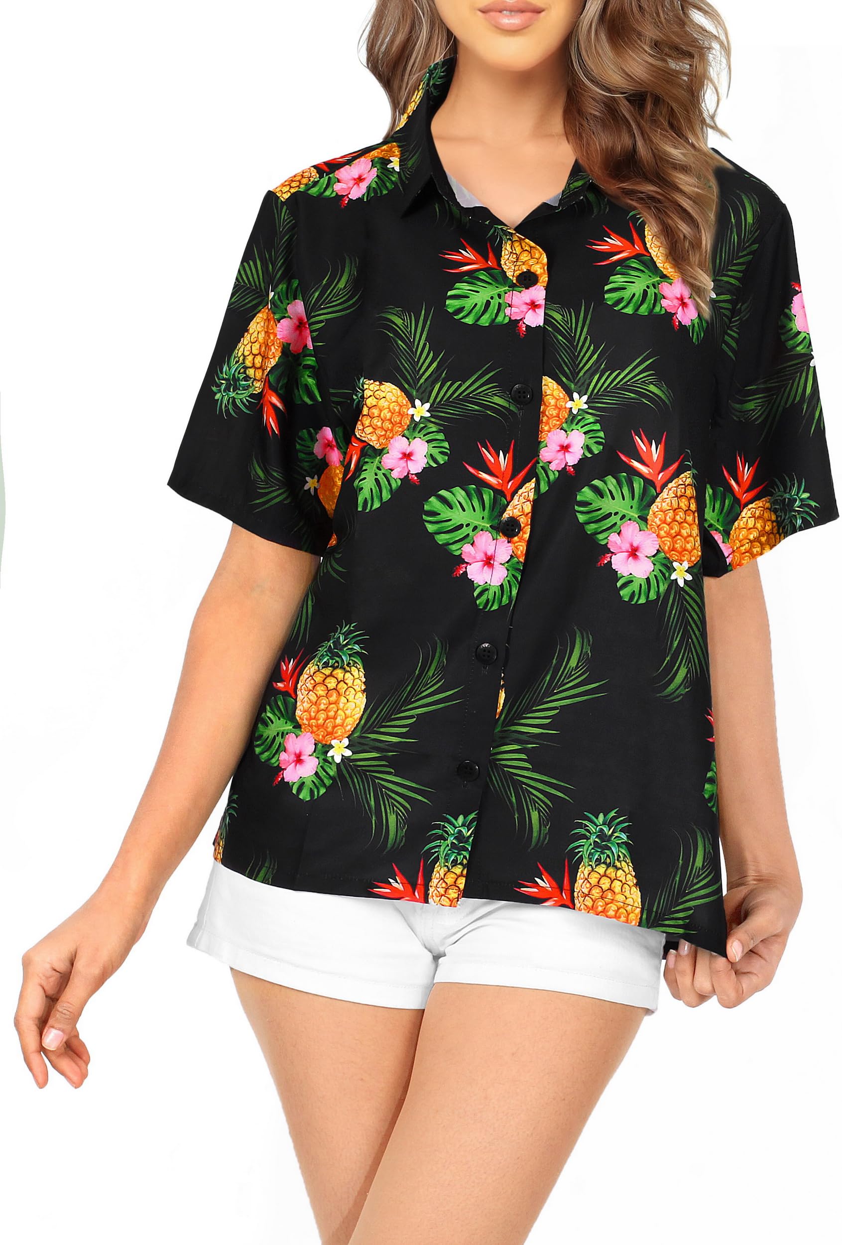 LA LEELA Women's Hawaiian Shirt - Short Sleeve Beach Blouse for Summer Vacation, Pool Party & Tropical Getaway