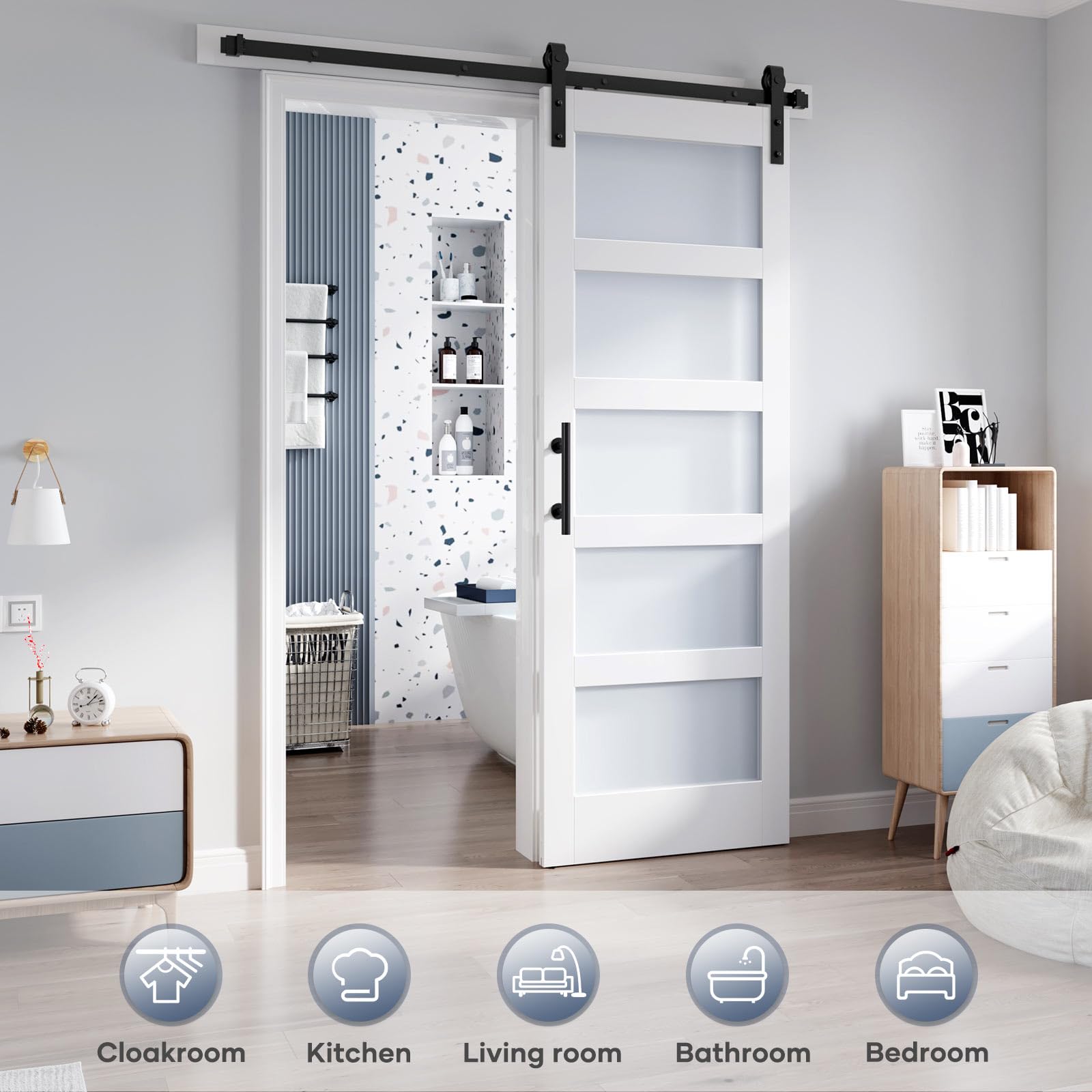 32x84 Inch Frosted Glass Sliding Barn Door with Hardware Kit - White Waterproof & Scratch-Resistant PVC LVL Wood Panel - Easy DIY Installation for Bedroom, Bathroom, or Closet