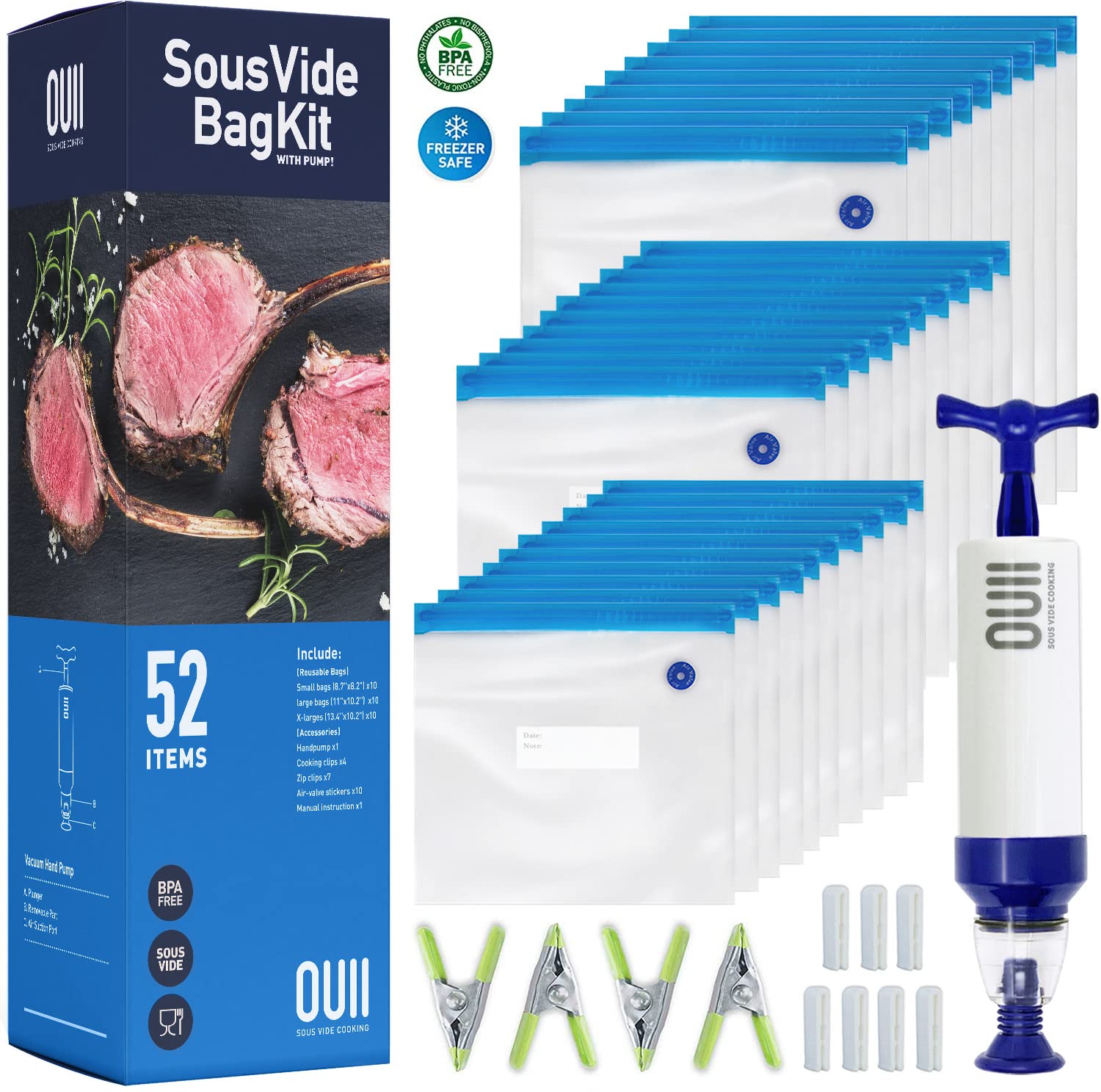 Premium Sous Vide Bags Kit - 52 Pieces Vacuum Sealer Bags with Hand Pump & Clips for Joule, Anova & All Sous Vide Cookers - 3 Sizes for Food Storage & Meal Prep - Perfect for Home Cooking, Restaurant Use & Sous Vide Enthusiasts