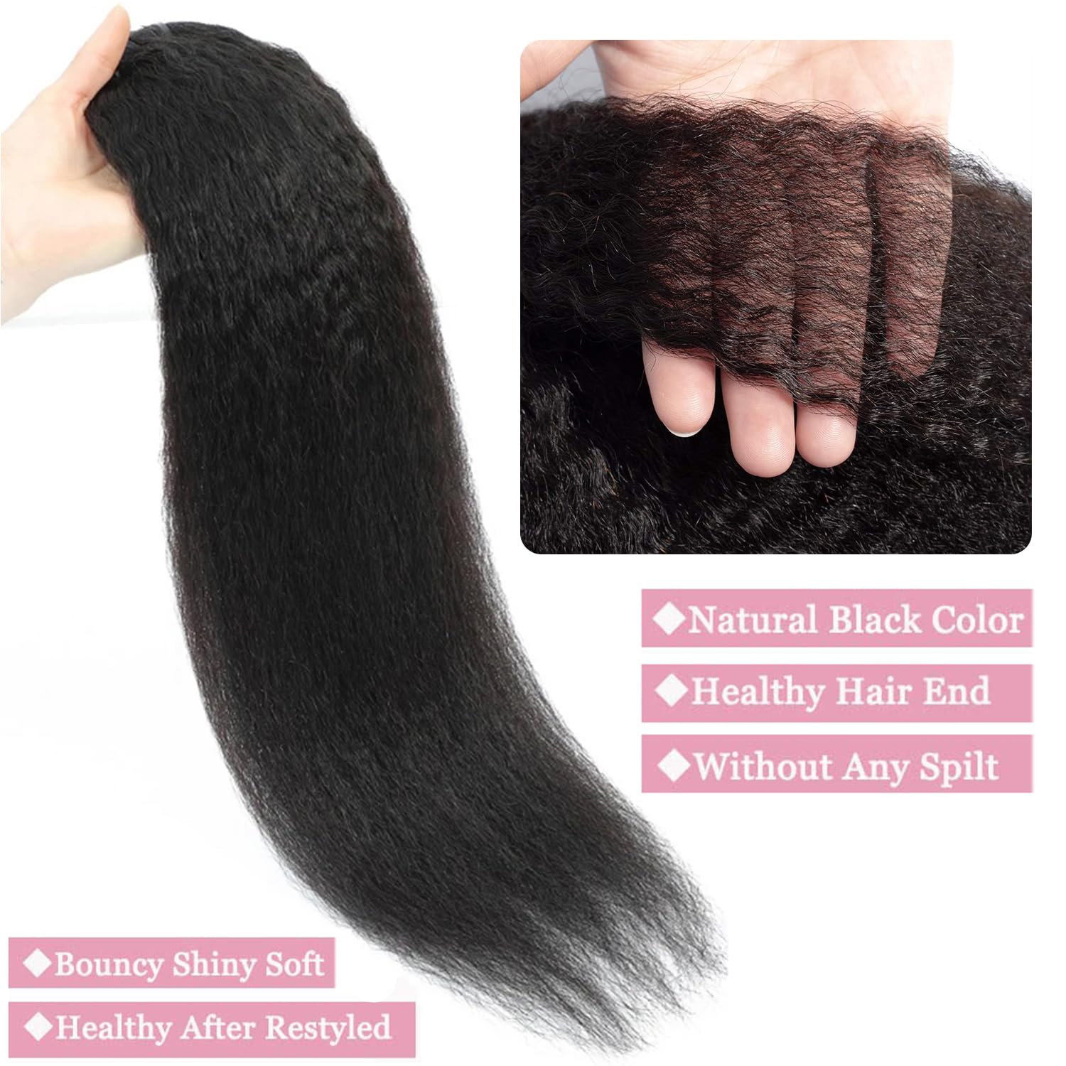 18 20 22 Inch Kinky Straight Human Hair Bundles - 100% Unprocessed Brazilian Virgin Hair Extensions for Quick Weave | Yaki Straight Texture | Natural Black Color | Perfect for Daily Wear, Styling, and Protective Hairstyles
