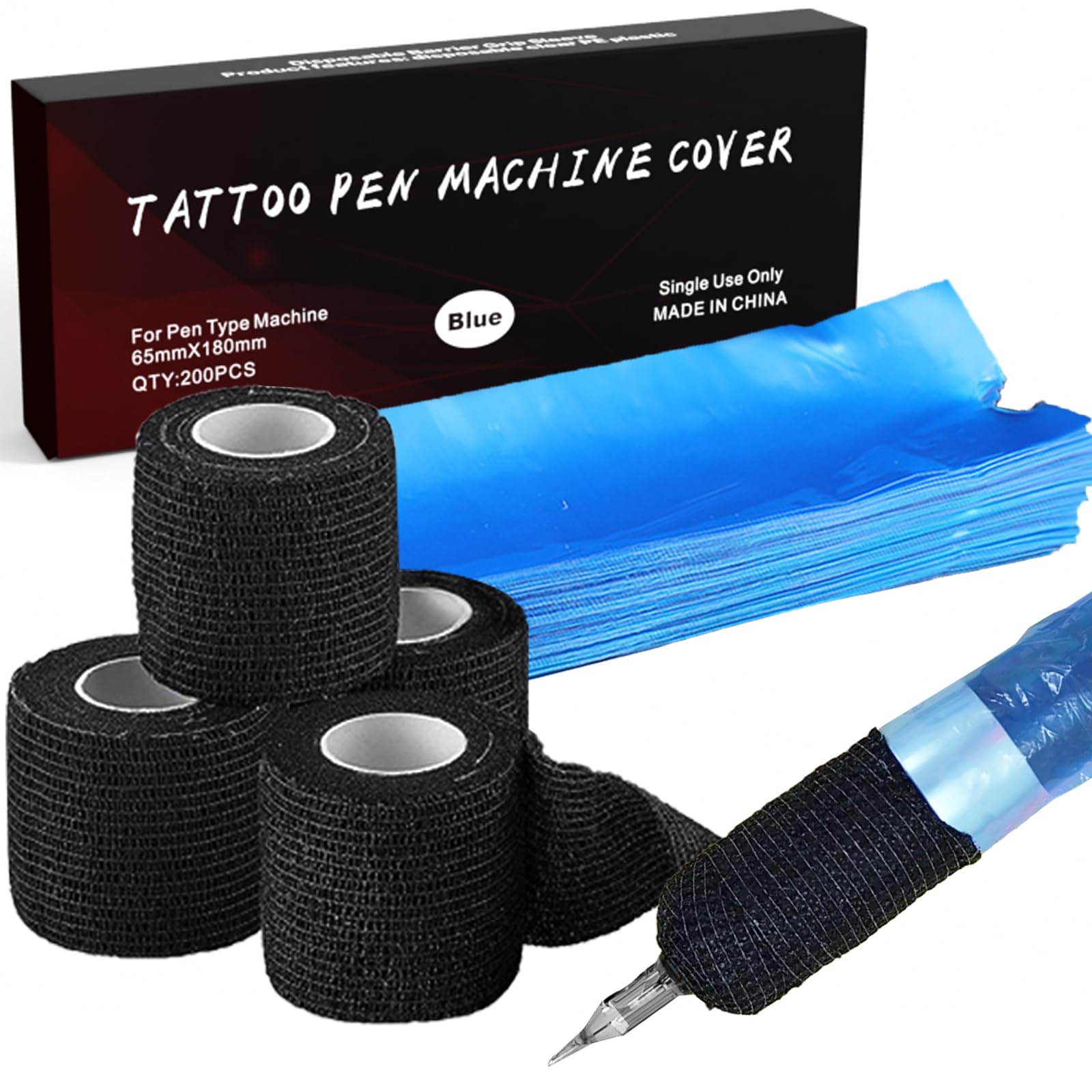 200pcs Blue Pen Machine Covers & 4pcs Black Grip Tape Wraps - Self-Adhesive Bandage Sleeves for Writing & Drawing | Pen Protection Kit for Office, School & Art Projects