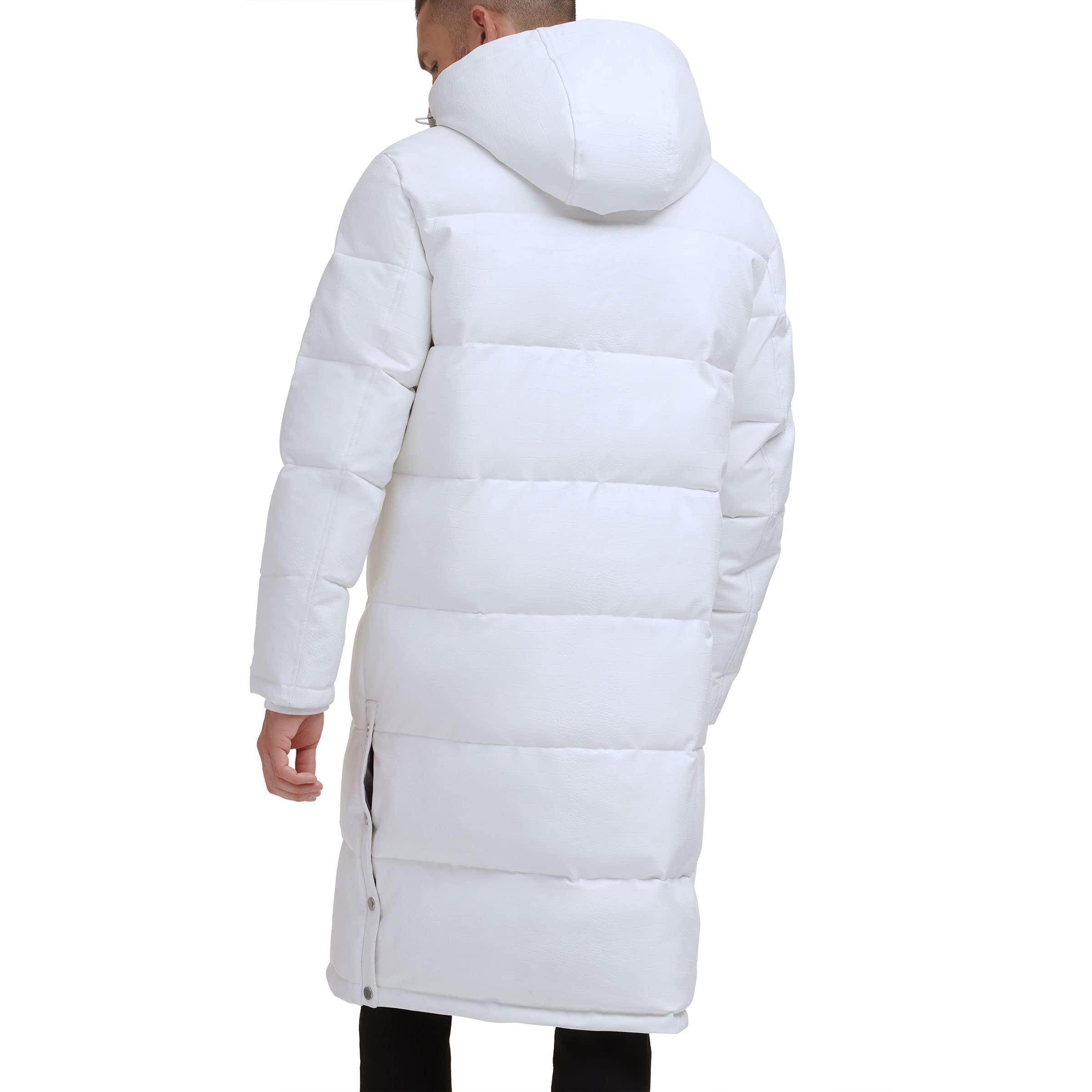 DKNY Men's Faux Leather Long Quilted Jacket - Stylish Winter Coat for Casual Outings & Date Nights