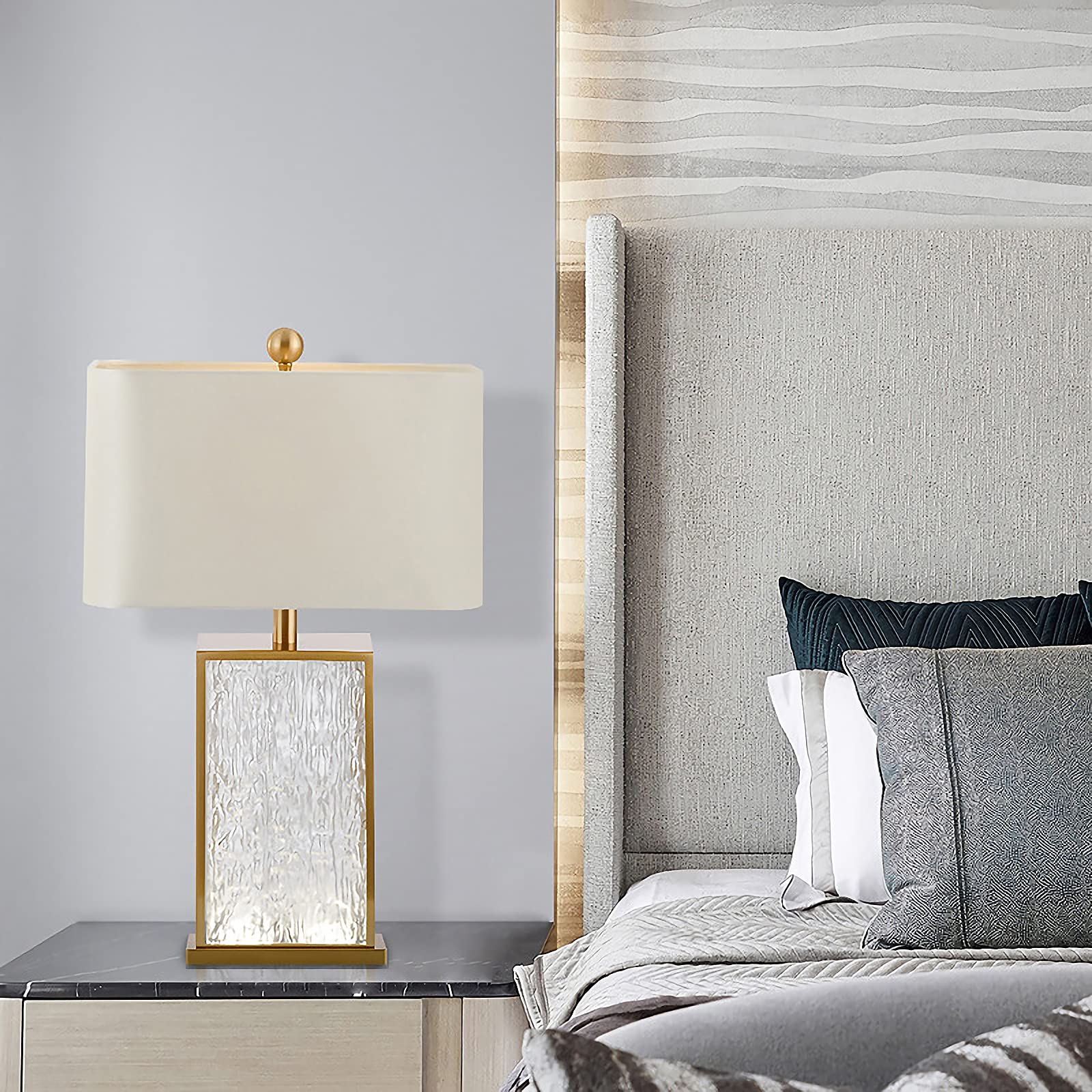 Modern Luxury Glazed Glass Table Lamp with Metal Base - Elegant Bedside Lighting for Bedroom & Living Room - Perfect for Reading, Relaxing & Home Decor