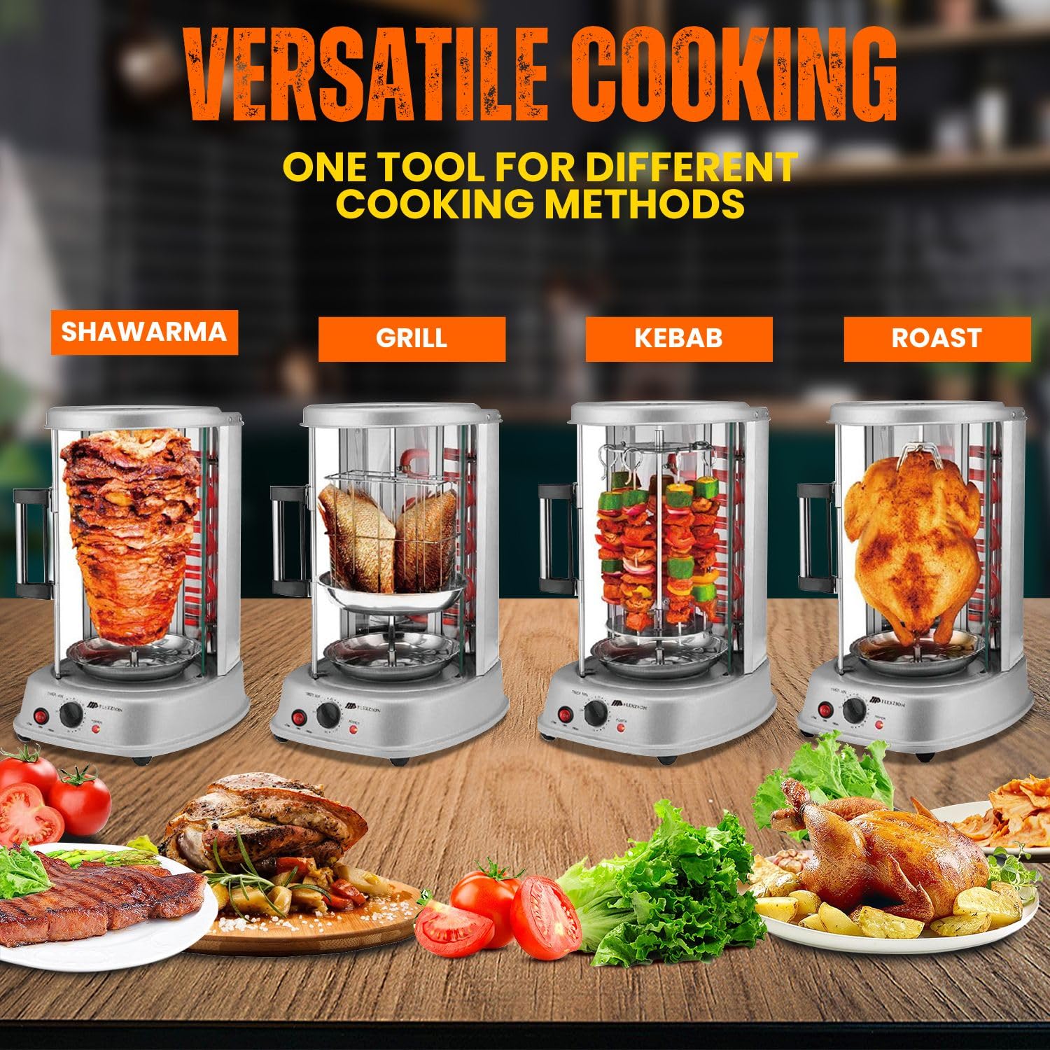 Flexzion Vertical Rotisserie Oven Grill - Electric Countertop Shawarma & Kebab Maker with Rotating Stainless Steel Roaster, Includes Bakeware & Skewers - Perfect for Home Kitchens, Restaurants, and Outdoor BBQ Parties
