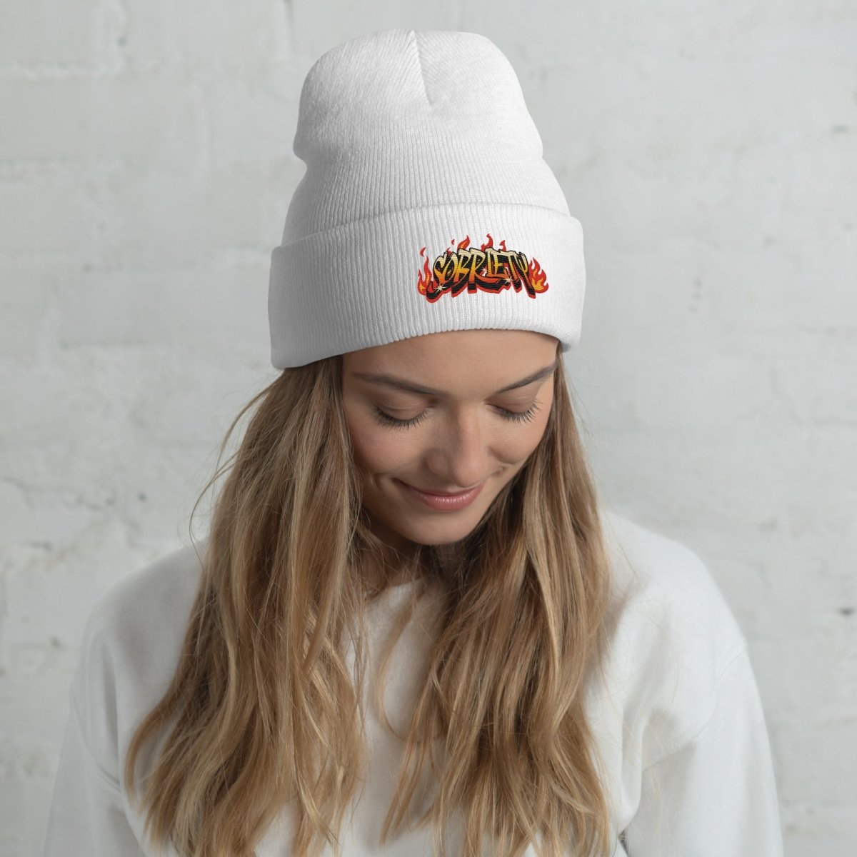 Hot Like Sobriety Embroidered Cuffed Beanie - Trendy Fiery Sobriety Style Winter Hat for Men & Women - Perfect for Cold Weather, Outdoor Activities and Sobriety Support