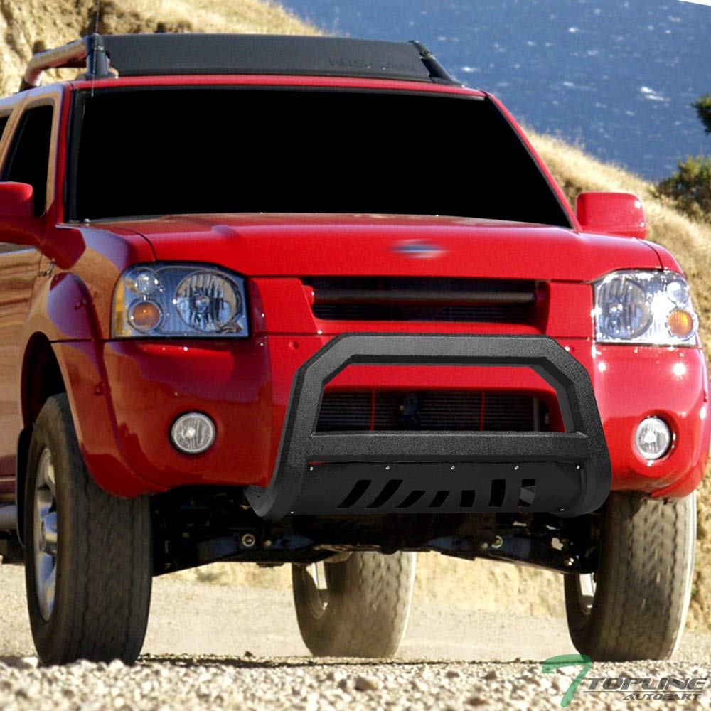 Textured Black AVT Style Bull Bar Brush Guard with Skid Plate - Compatible with 2001-2004 Nissan Frontier & 2002-2004 Nissan Xterra - Heavy Duty Front Bumper Grille Guard for Off-Road Protection & Vehicle Styling