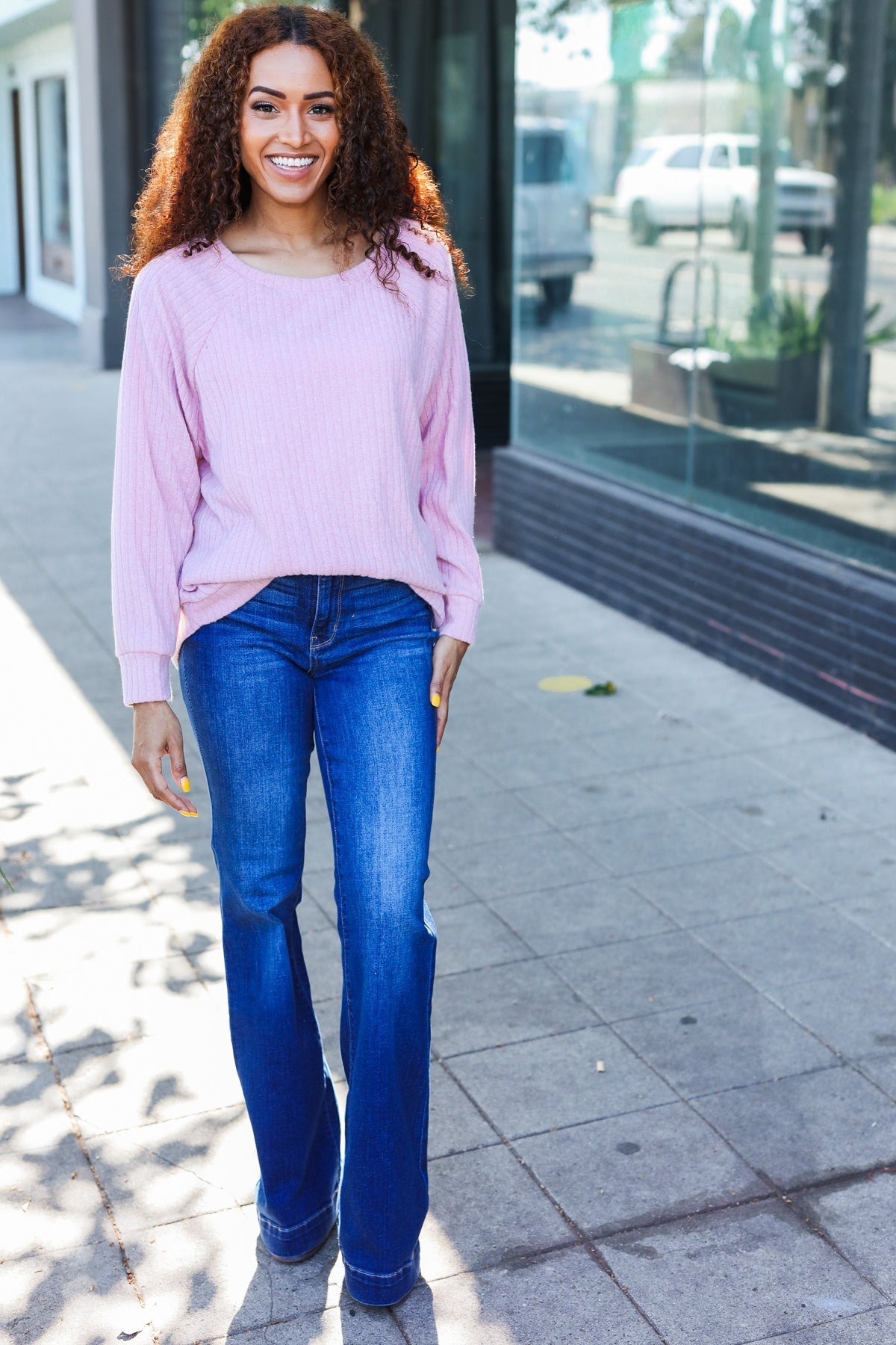 Soft Mauve Ribbed Brushed Hacci Sweater for Women | Cozy Knit Pullover | Perfect for Fall & Winter Layering, Casual Outings & Office Wear