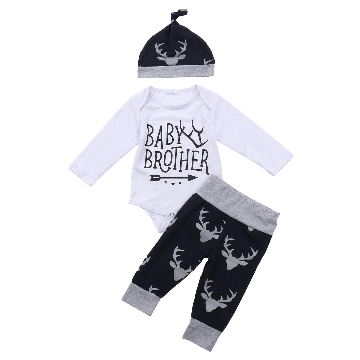 Newborn Baby Boy Girl Fall Romper Outfits - Long Sleeve Letter Print Bodysuit Jumpsuit + Deer Head Pants with Hat 3-Piece Set | Cozy Autumn Outfits for Newborn Photoshoots & Family Gatherings