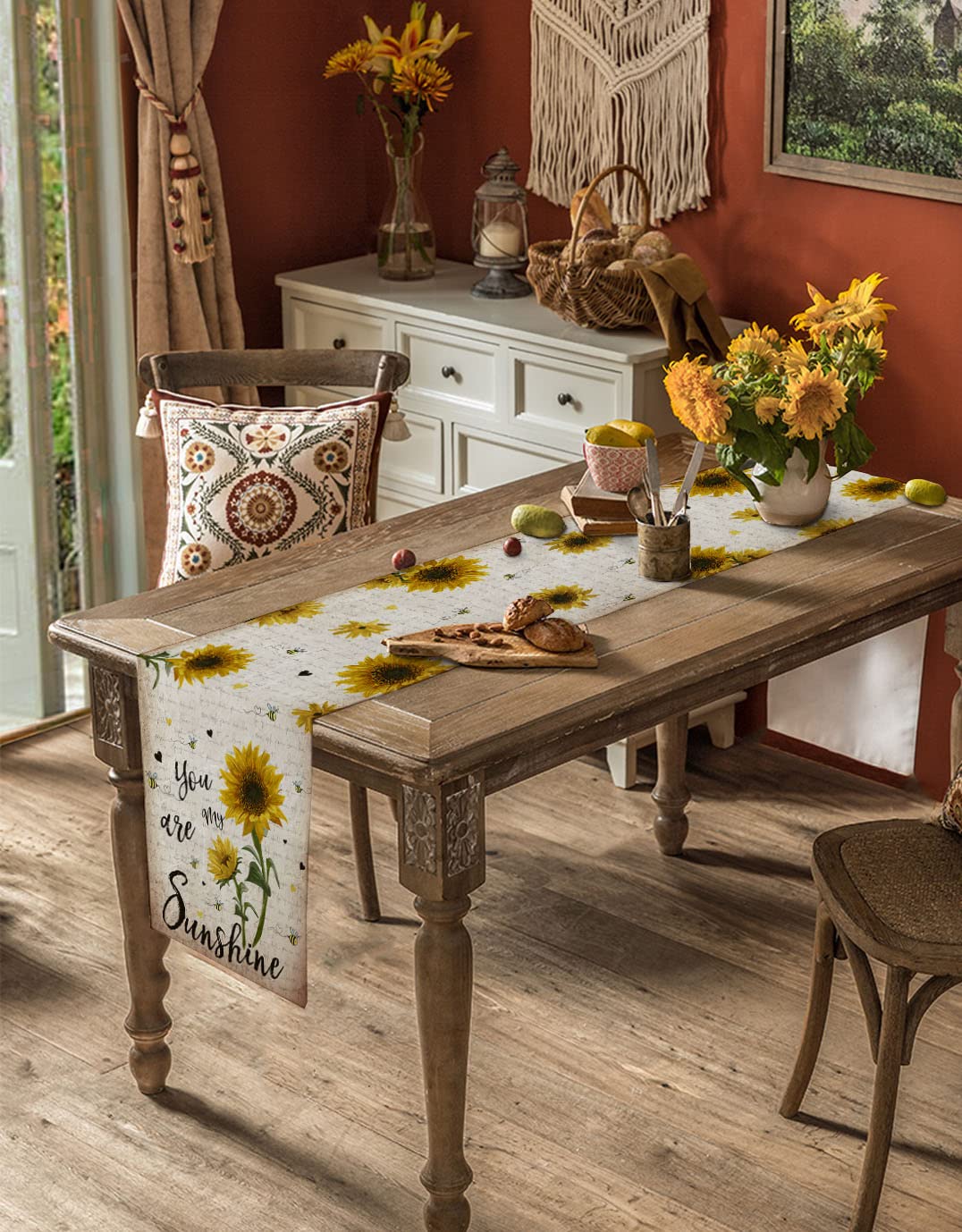 Sunflower Bees Cotton Linen Table Runner - 13x72 Inch Rustic Farmhouse Decor for Dining Table & Kitchen | Indoor Outdoor Home Decoration | Perfect for Weddings, Parties & Everyday Use