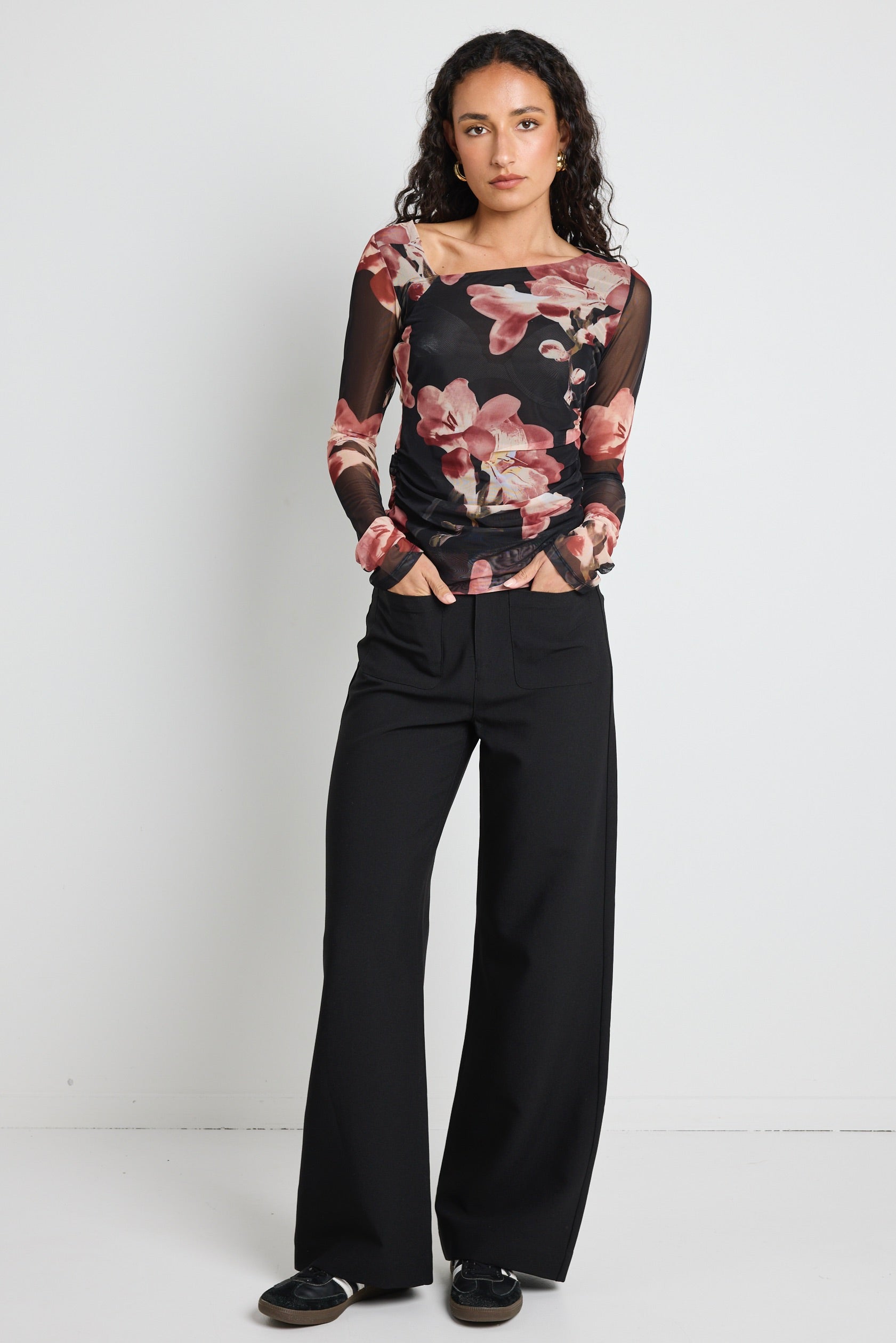 Trendy Askew Blush Floral Mesh Asymmetrical Long Sleeve Top for Women | Elegant Loose Fit Blouse | Perfect for Date Night, Party & Casual Outings