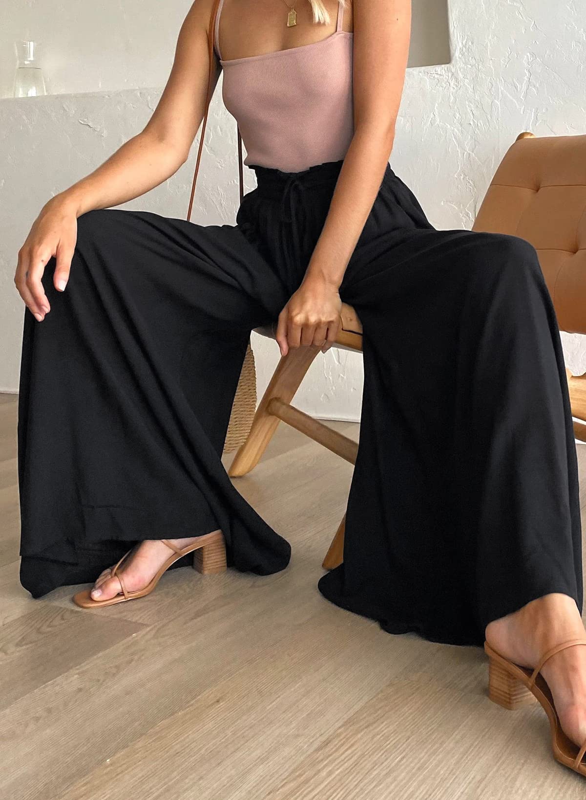 EVALESS Women's Casual Wide Leg Palazzo Pants - Elastic Drawstring Waist, Flowy & Comfortable with Pockets - Perfect for Work, Travel & Lounge Wear