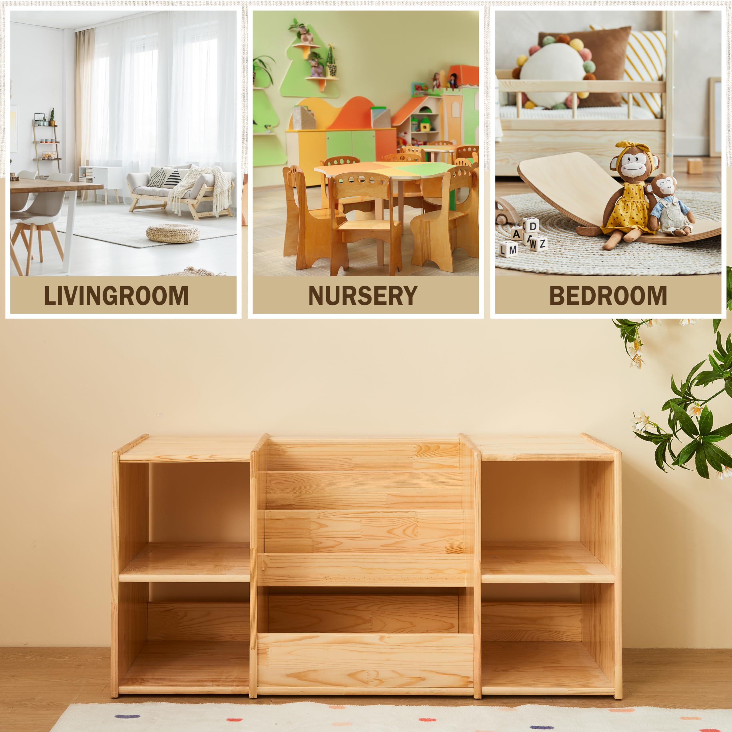 Montessori Bookshelf and Toy Storage Organizer - 3-Section Kids Bookcase with 2 Shelves, Natural Wood Toy Cabinet for Nursery & Playroom - Perfect for Organizing Children's Books, Toys, and Learning Materials