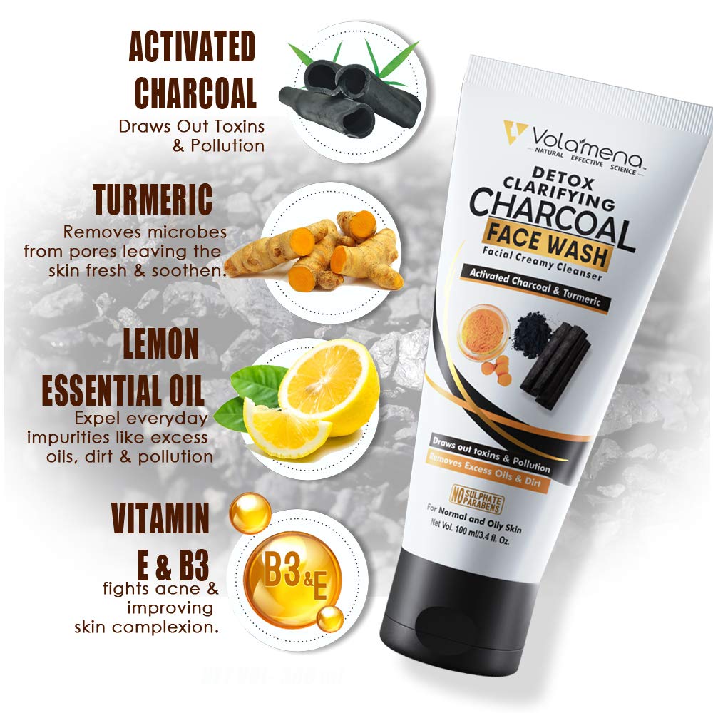 Volamena Detox Clarifying Charcoal Face Wash with Turmeric & Activated Charcoal Extract - Deep Cleansing for Acne, Blackheads & Oily Skin - 100ml for Women & Men - Perfect for Daily Skincare Routine & Travel