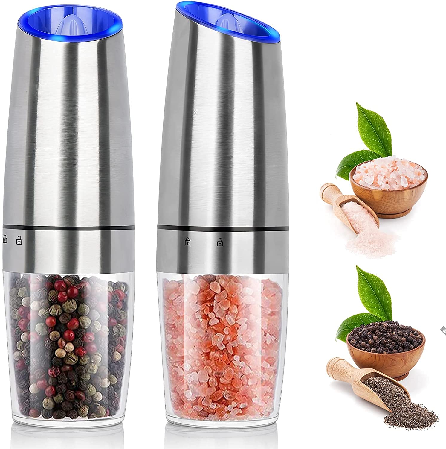 Premium Gravity Electric Salt and Pepper Grinder Set - Automatic One-Hand Operation, Adjustable Coarseness for Himalayan Salt & Fresh Peppercorns - Perfect for Kitchen, Dining Table & Outdoor BBQ