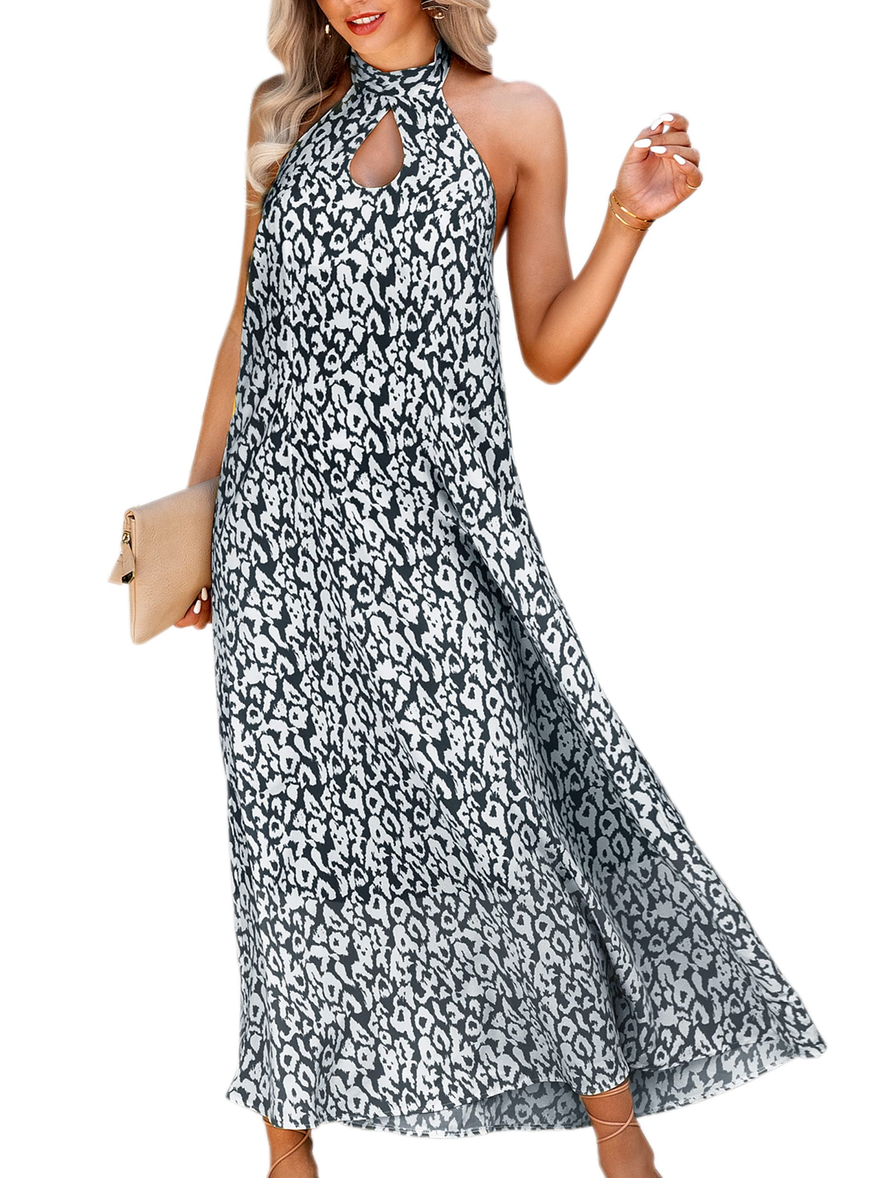 ECOWISH Women's Summer Boho Floral Print Halter Neck Backless Maxi Dress - Casual Beach Wedding Party Sundress for Vacation & Outdoor Events