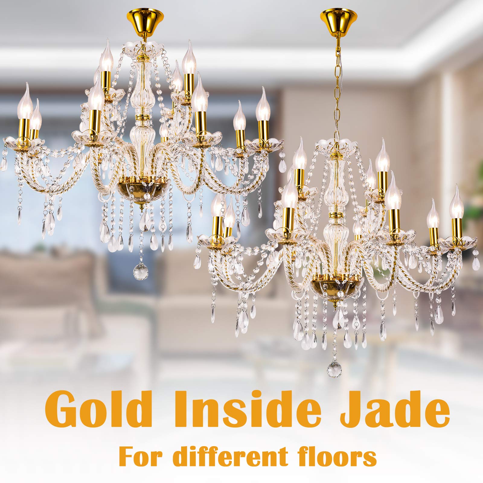 Crystal Gold Chandelier Lighting - 12-Light Pendant Ceiling Fixture for Dining Room, Living Room, Bedroom & Hallway | Elegant Decoration & Ambiance Lighting | Perfect for Weddings, Home Decor & Luxury Interior Design