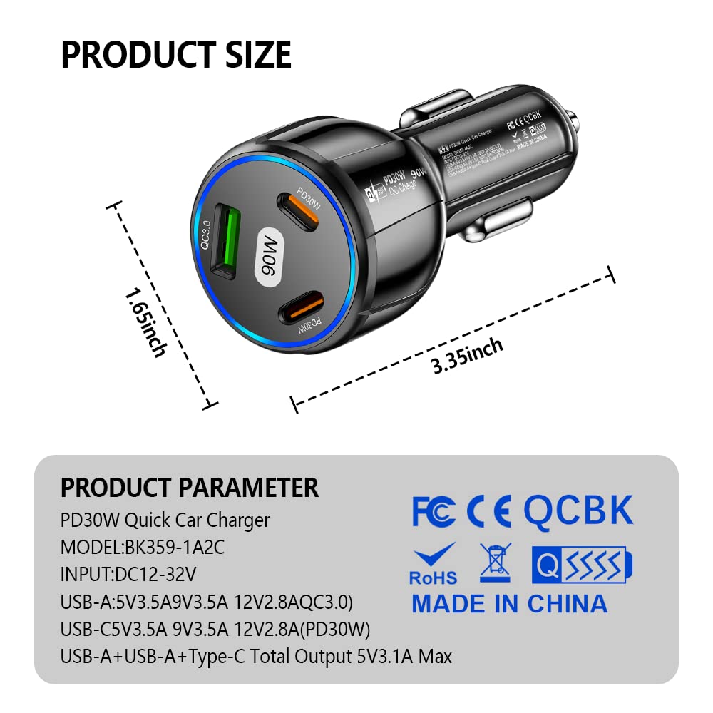 90W Super Fast USB C Car Charger - Dual PD 30W + QC3.0 Ports, 3-in-1 Charging Station with LED Display for iPhone 15/14/13/12 Pro, iPad, MacBook Pro, Samsung Galaxy - Perfect for Road Trips & Daily Commute (1USB+2PD, Black)