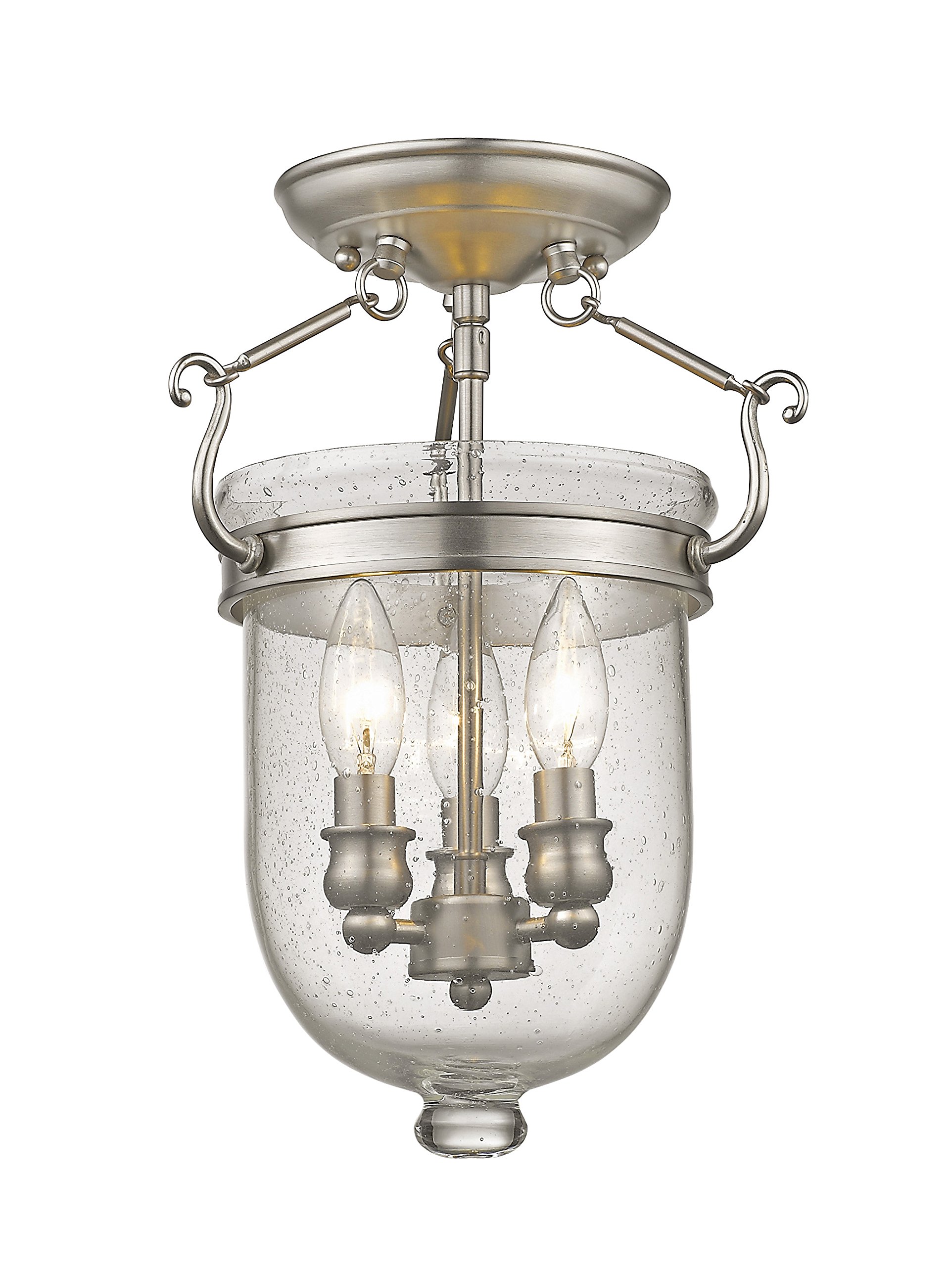 Livex Lighting Jefferson 3-Light Brushed Nickel Semi-Flush Mount Bell Jar Chandelier with Seeded Glass - Perfect for Dining Room, Bedroom, or Entryway Lighting