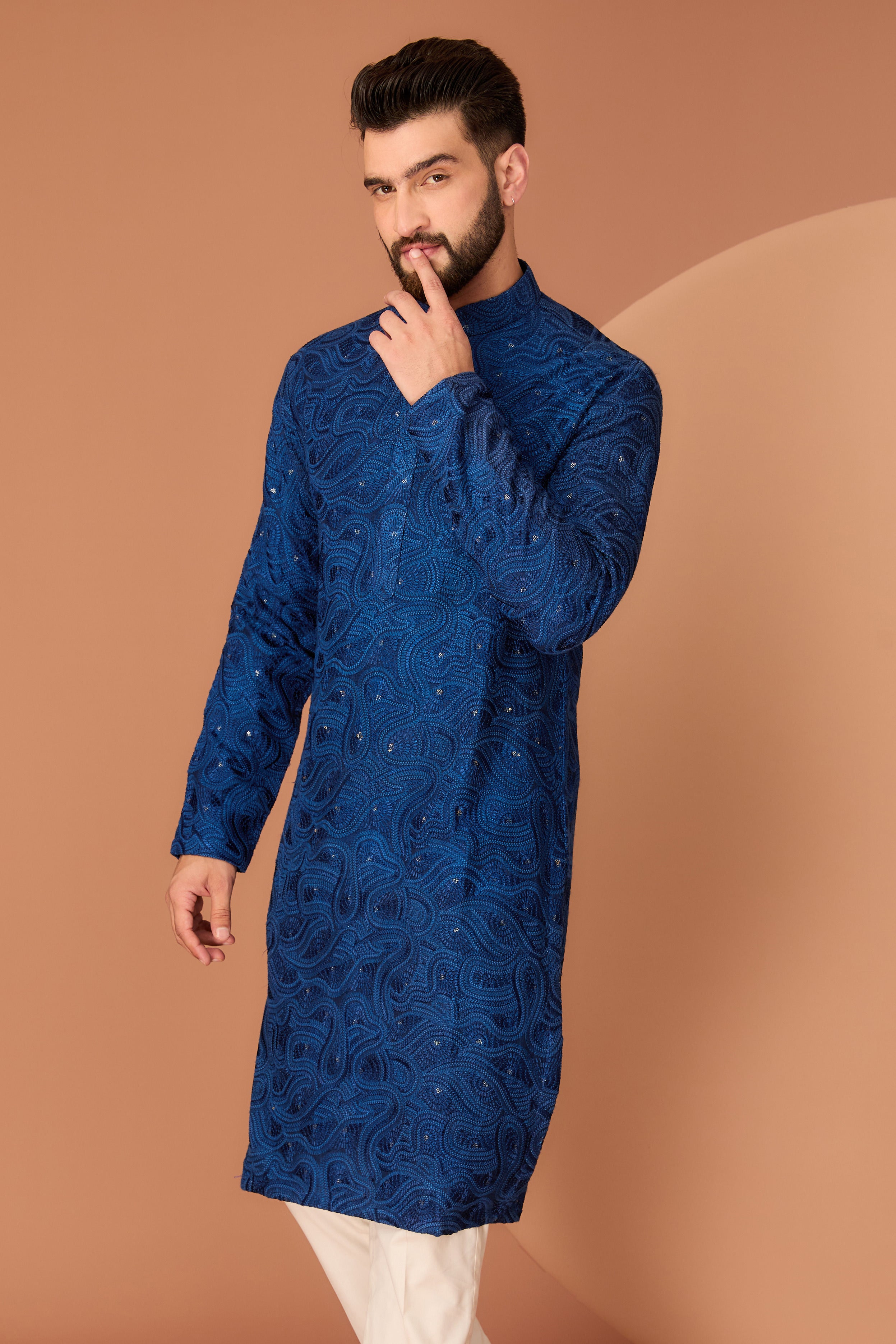 Elegant Navy Blue Chikankari Kurta with Intricate Thread & Sequin Embroidery - Perfect for Festivals, Weddings & Ethnic Occasions
