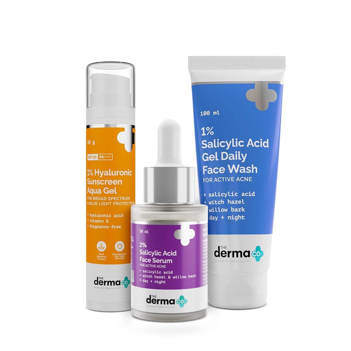 The Derma Co Anti Acne Skincare Kit - 1% Salicylic Acid Face Wash, 2% Salicylic Acid Serum & 1% Hyaluronic Sunscreen SPF 50 PA++++ | Broad Spectrum Protection for All Skin Types | Unisex 3-Piece Set | Perfect for Daily Acne Treatment & Sun Protection Routine