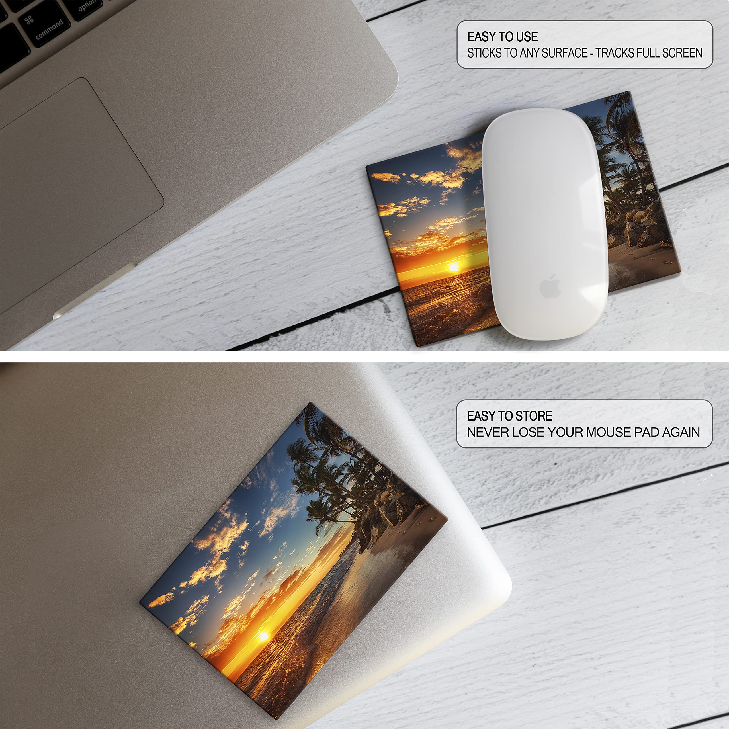 Non-Slip Mouse Pad with Adhesive Bottom - Sticks to Any Surface, Portable & Includes Webcam Cover + Screen Cleaner (2-Pack Beach Set) - Perfect for Office, Gaming & Travel Use