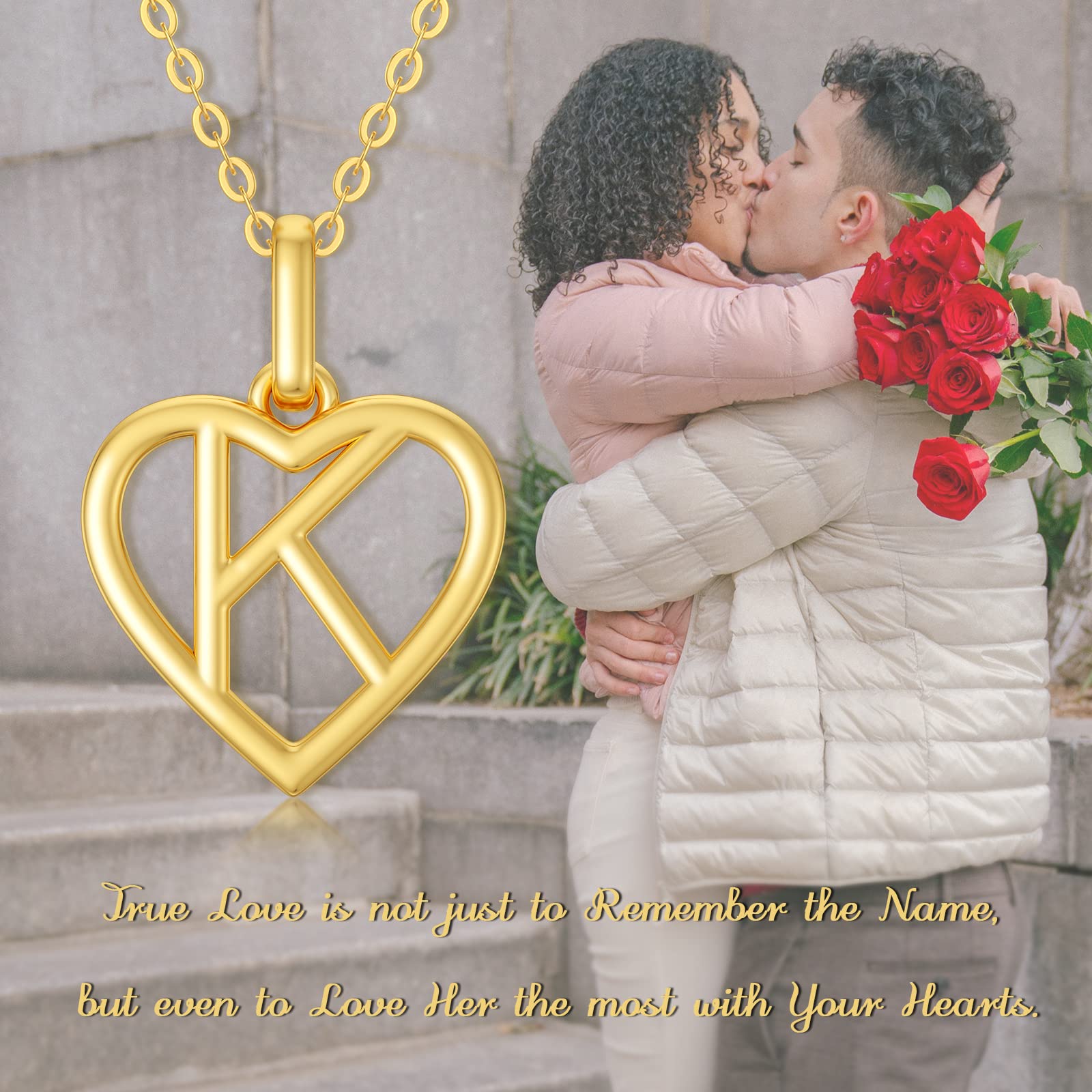14K Solid Gold Heart Initial Necklace for Women - Personalized Letter A Pendant with 18