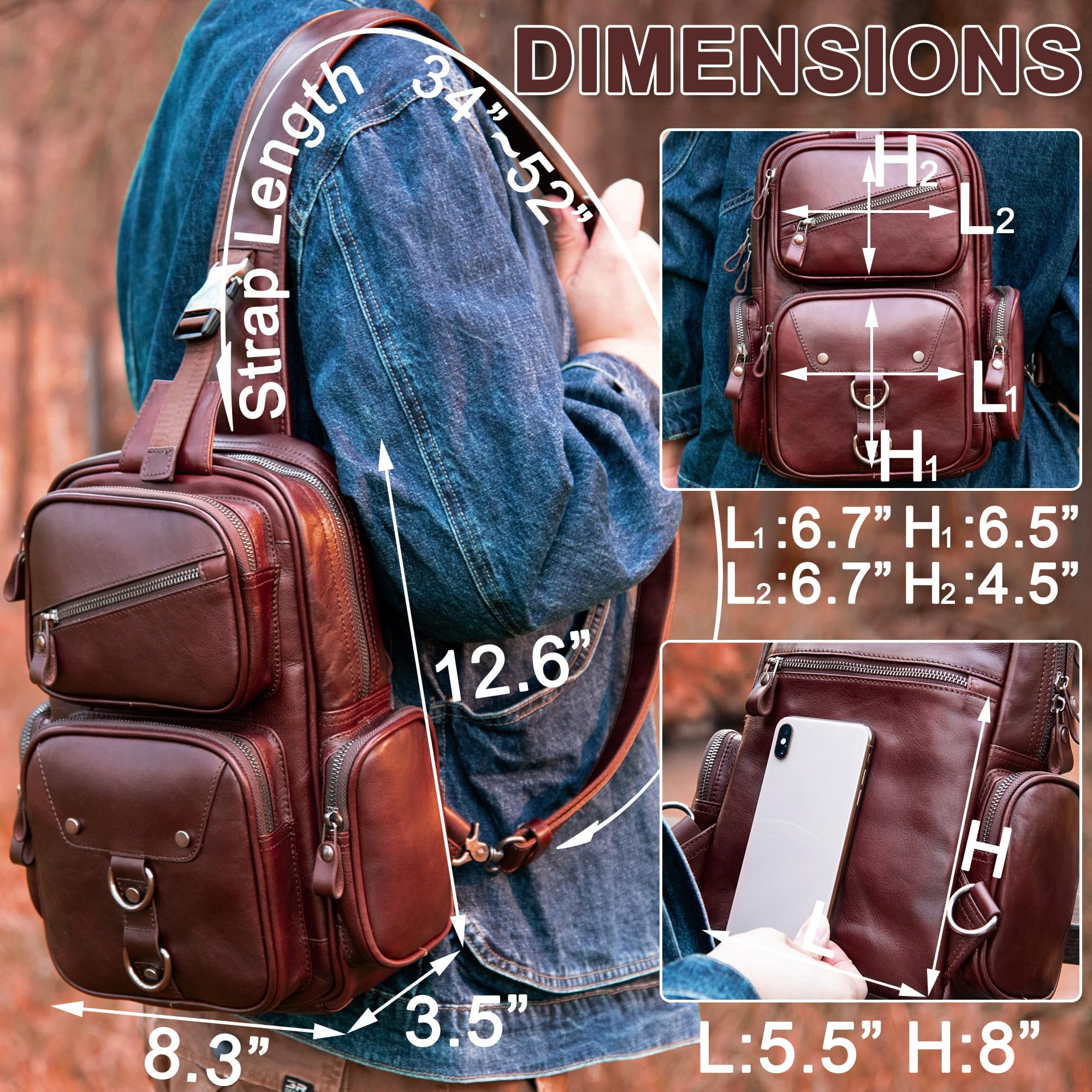 Genuine Leather Sling Bag for Men - Large Anti-Theft Crossbody Shoulder Bag, Casual Sling Backpack for Travel, Work & Everyday Use | Durable Chest Purse for Commuting, Hiking & Outdoor Activities