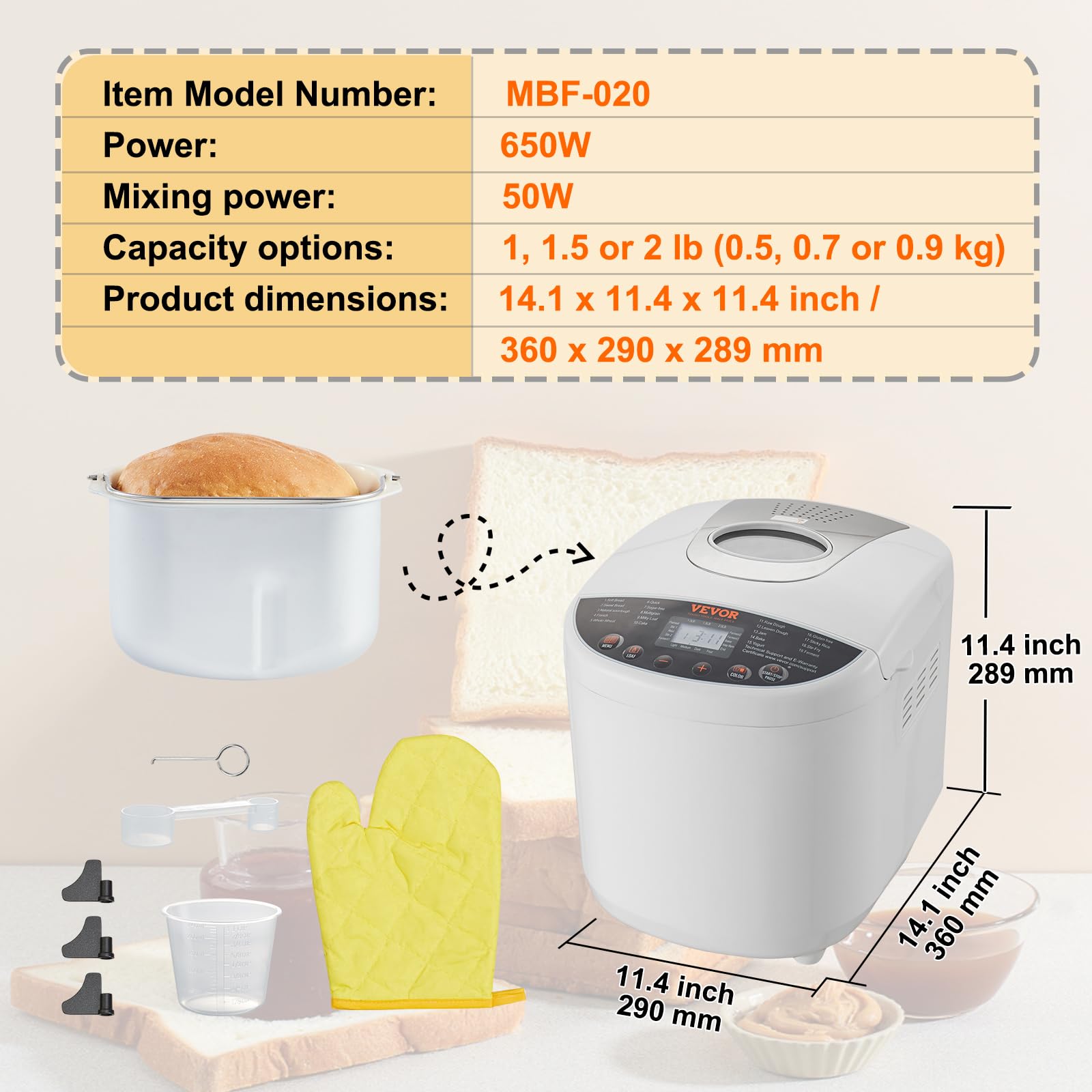 VEVOR 2LB Automatic Bread Maker Machine - 19-in-1 Programmable Dough Maker with Gluten-Free Setting, Nonstick Ceramic Pan, Whole Wheat & White Bread Options, 3 Loaf Sizes & Crust Colors - Perfect for Home Baking, Breakfast & Healthy Eating