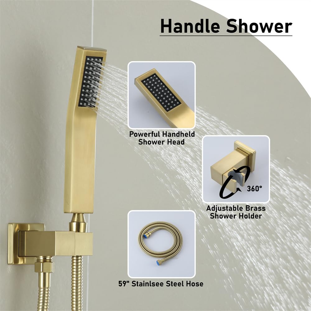 12 Inch Luxury Rainfall Shower System Set - High Pressure Wall Mounted Shower Head with 2-Function Faucet in Brushed Gold Finish | Perfect for Spa-Like Bathroom Experience & Modern Home Upgrade
