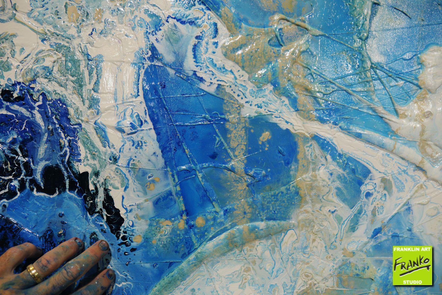Blu Atoll 190cm x 100cm White Blue Textured Abstract Canvas Art - Modern Wall Decor for Living Room, Bedroom & Office