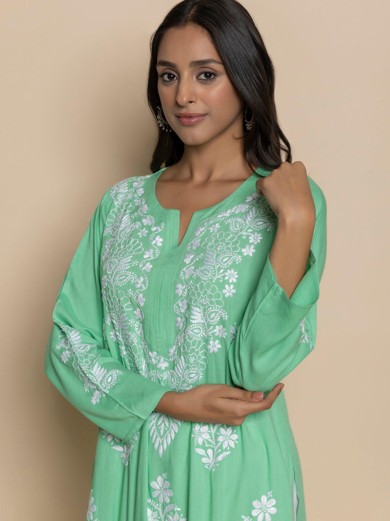 Hand Embroidered Chikankari Kurta for Women - Sea Green Cotton Traditional Indian Tunic - Perfect for Festivals, Weddings & Casual Wear