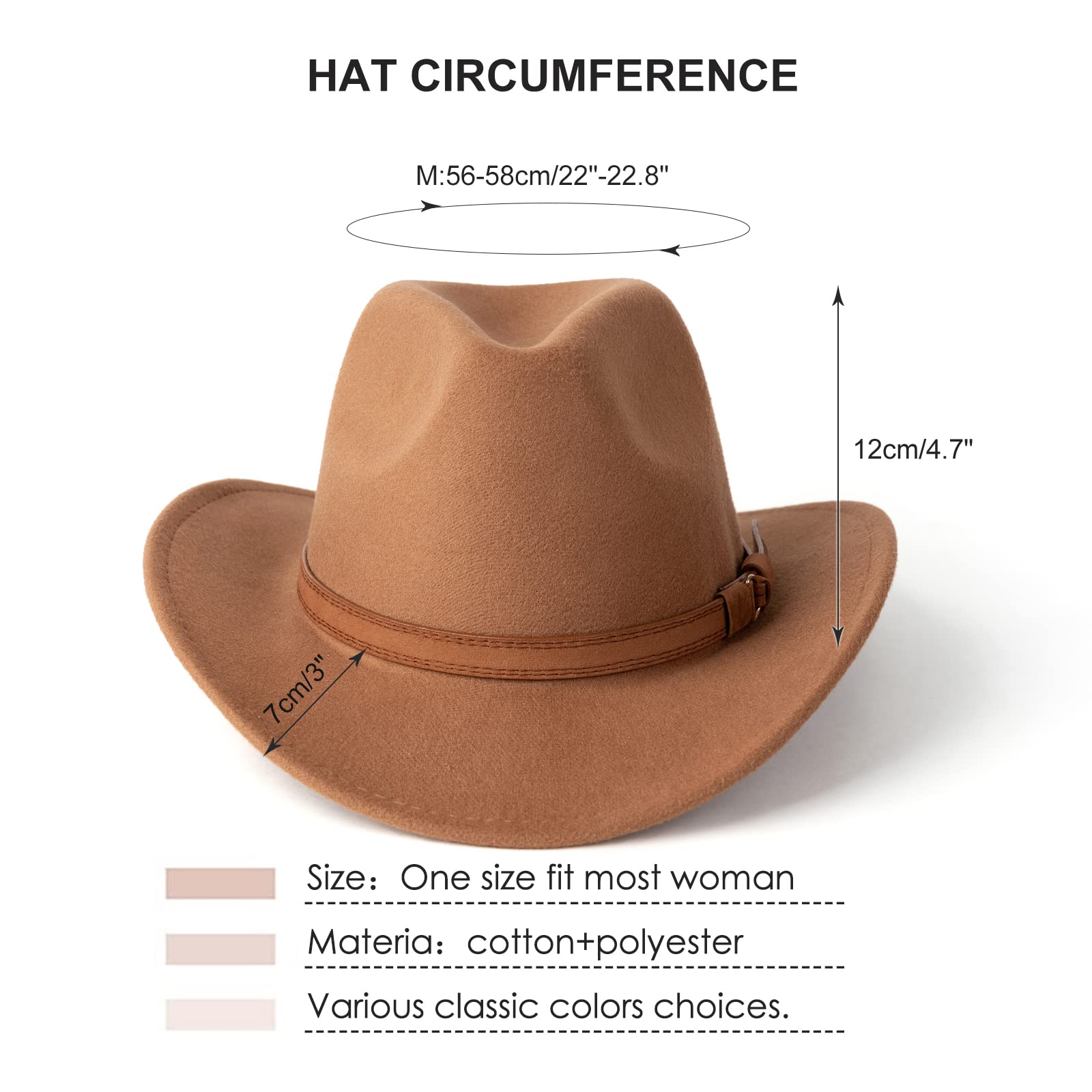Western Cowboy Hat for Men & Women - Wide Brim Sun Hat with Adjustable Chin Strap - Outdoor Fedora Style Hat for Rodeo, Country Music Festivals & Beach Vacations