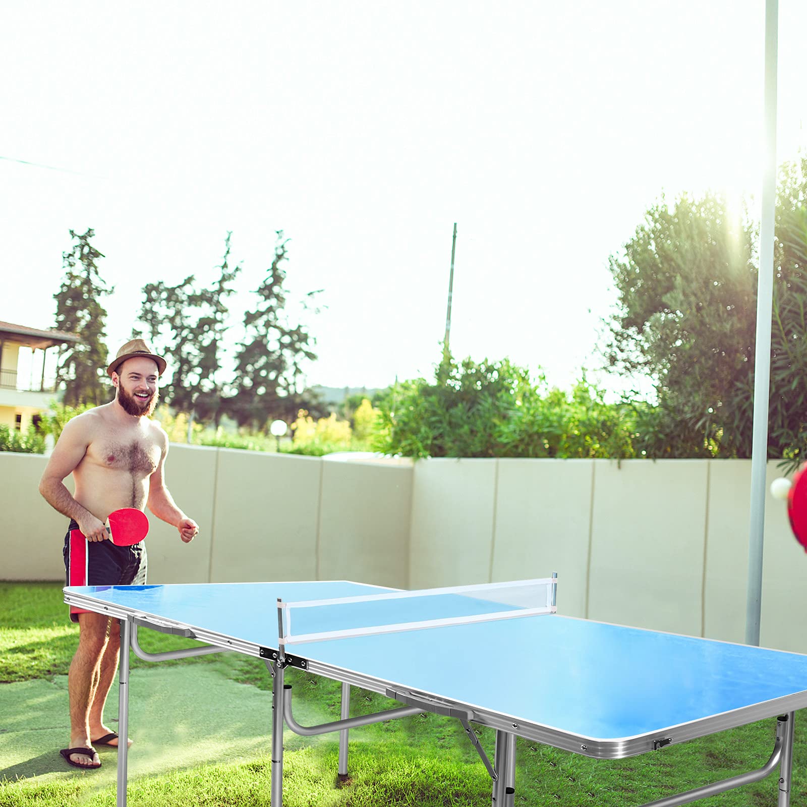 GYMAX Folding Ping Pong Table Set - Indoor Table Tennis Table with Net, 2 Paddles & 3 Balls | Free Standing for Home, Office, Game Room & Backyard Fun