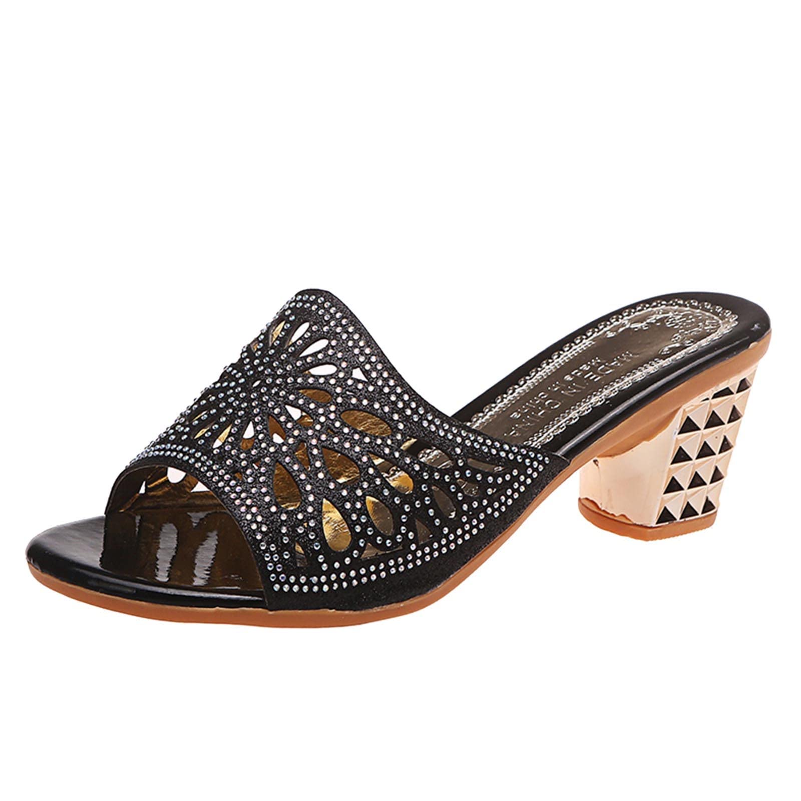 Fashionable Women's Summer Sandals - Breathable Hollow Design with Rhinestone Sequins, Casual Middle Heel Flat Sandals for Women - Perfect for Beach, Vacation, and Everyday Wear - Size 8